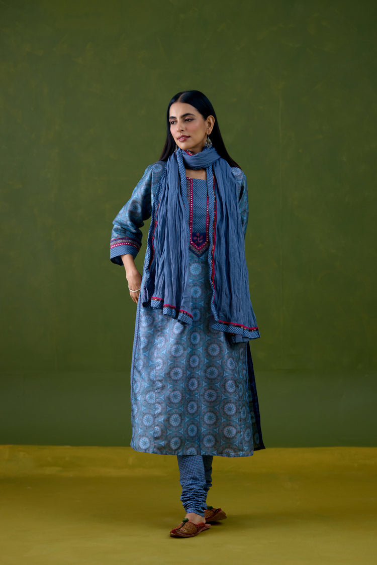 Rozana Tussar Silk Printed Kurta Teal Blue