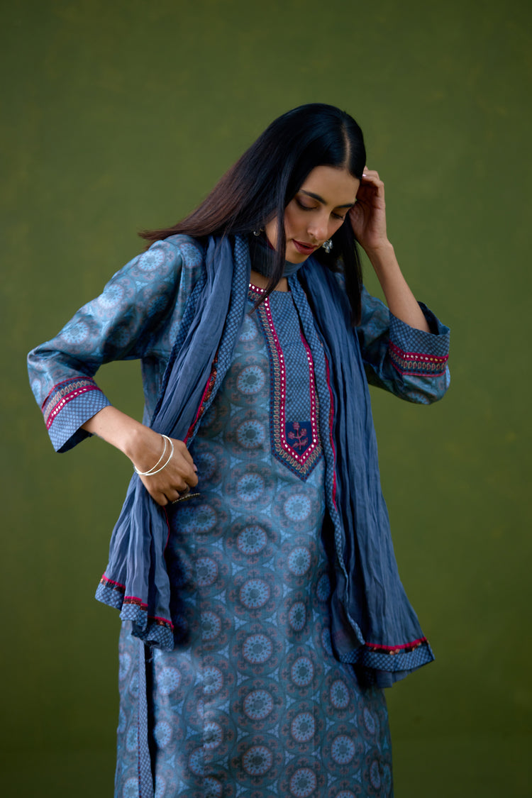 Rozana Tussar Silk Printed Kurta Teal Blue