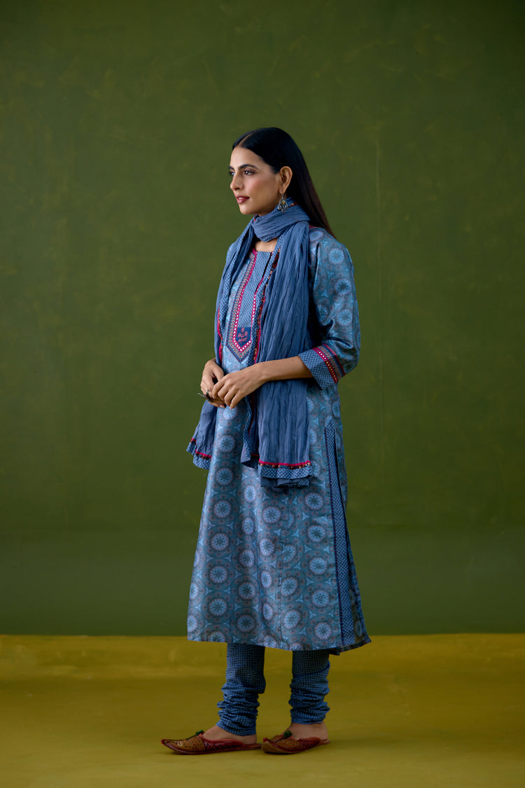 Rozana Tussar Silk Printed Kurta Teal Blue