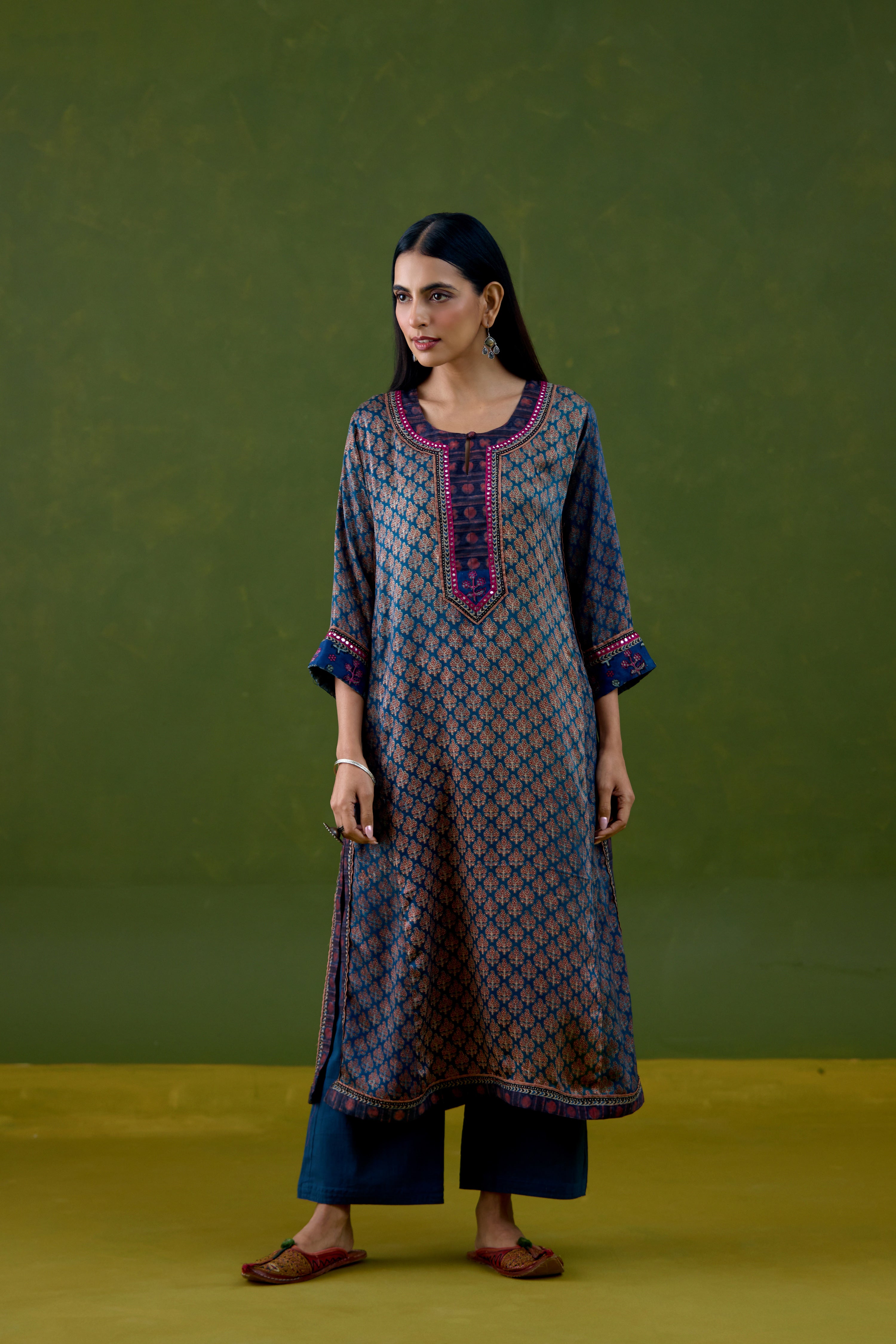 Anu Modal Silk Printed Kurta Blue Maroon