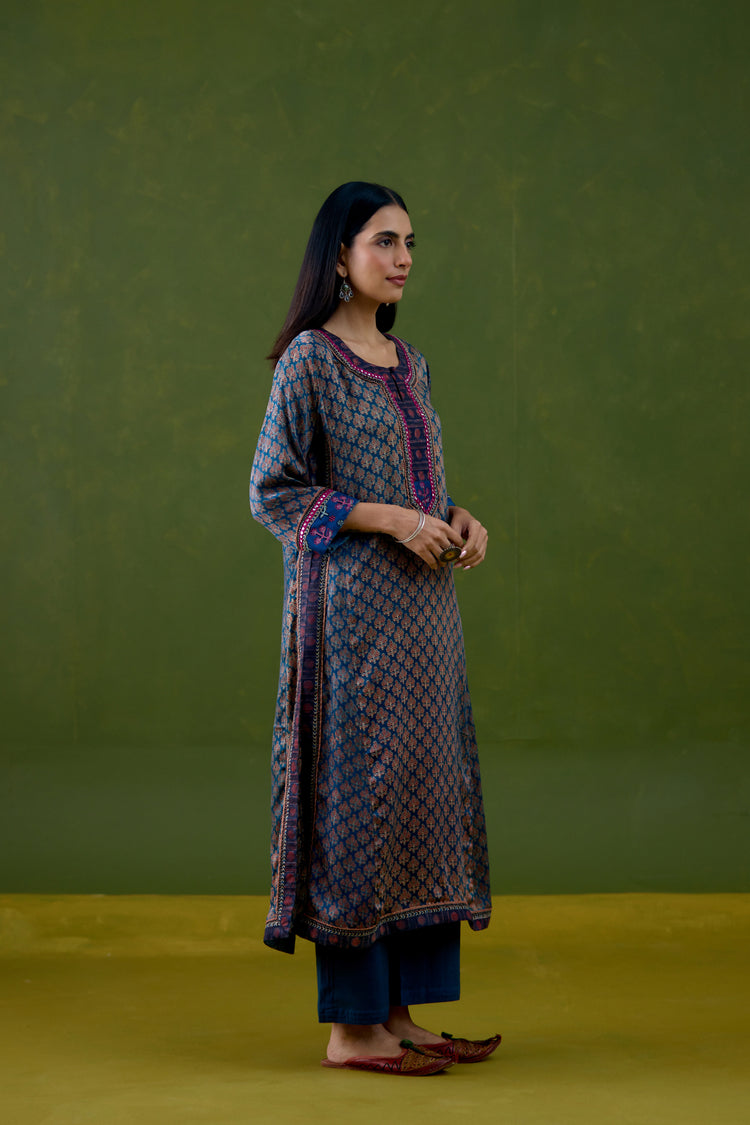 Anu Modal Silk Printed Kurta Blue Maroon