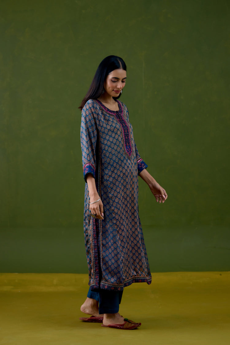 Anu Modal Silk Printed Kurta Blue Maroon