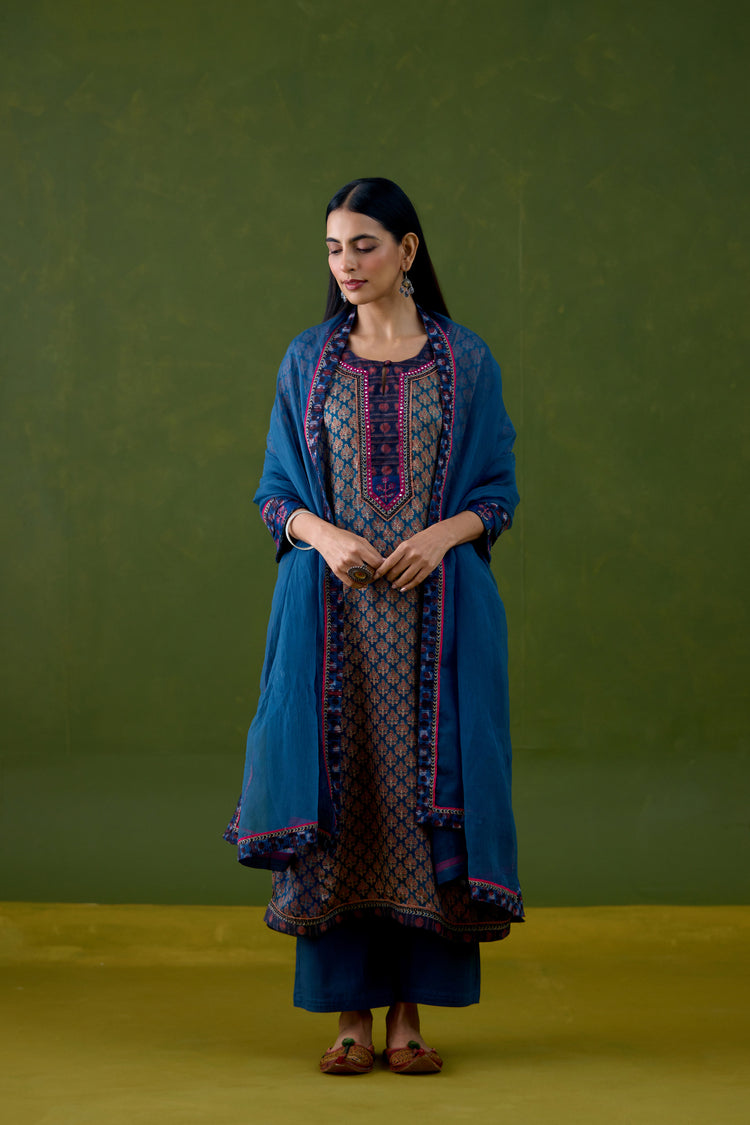 Anu Modal Silk Printed Kurta Blue Maroon