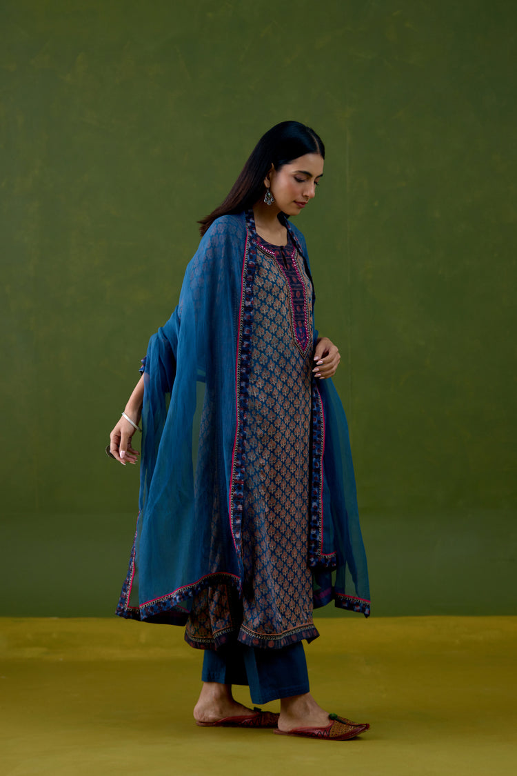 Anu Modal Silk Printed Kurta Blue Maroon