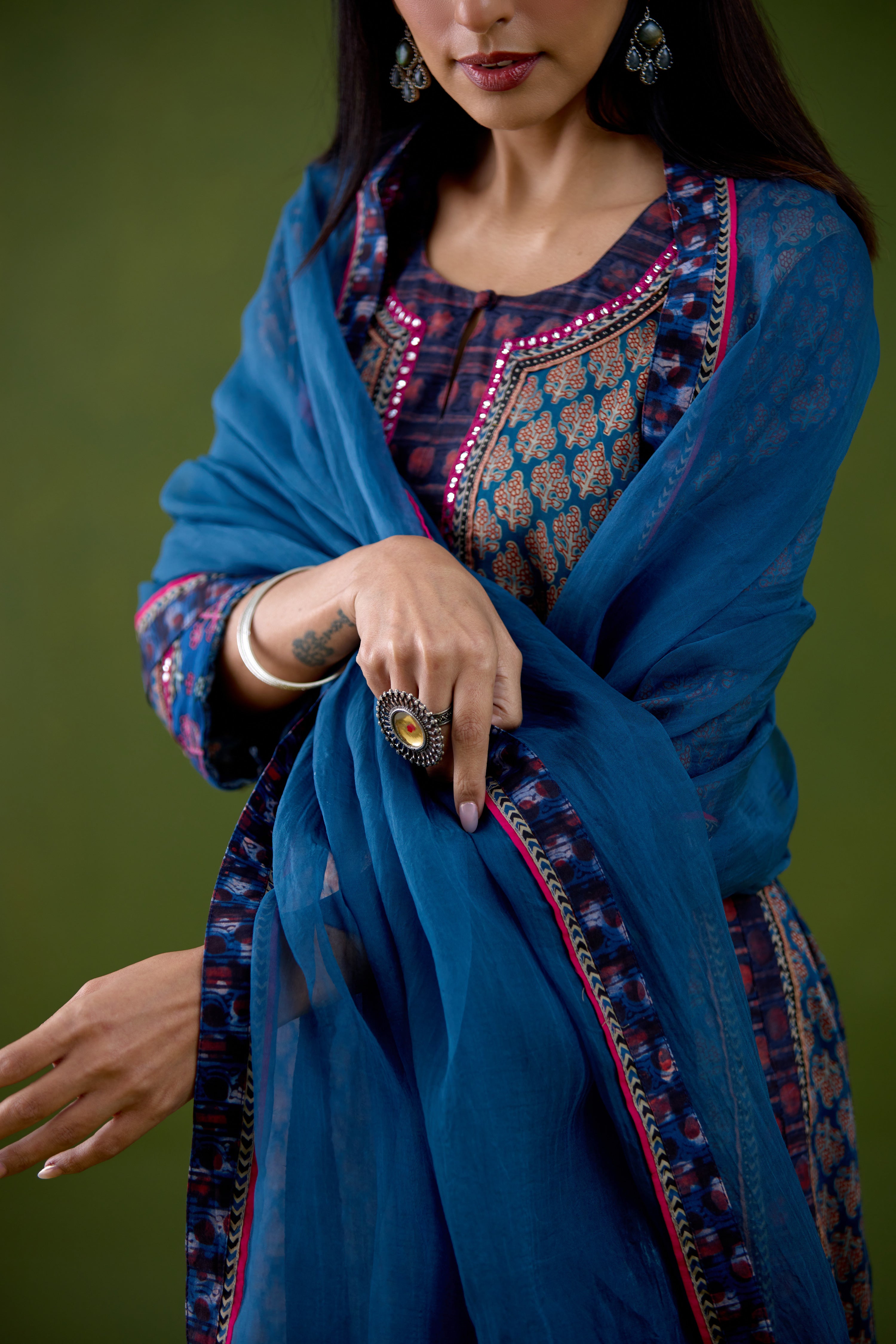 Anu Modal Silk Printed Kurta Blue Maroon