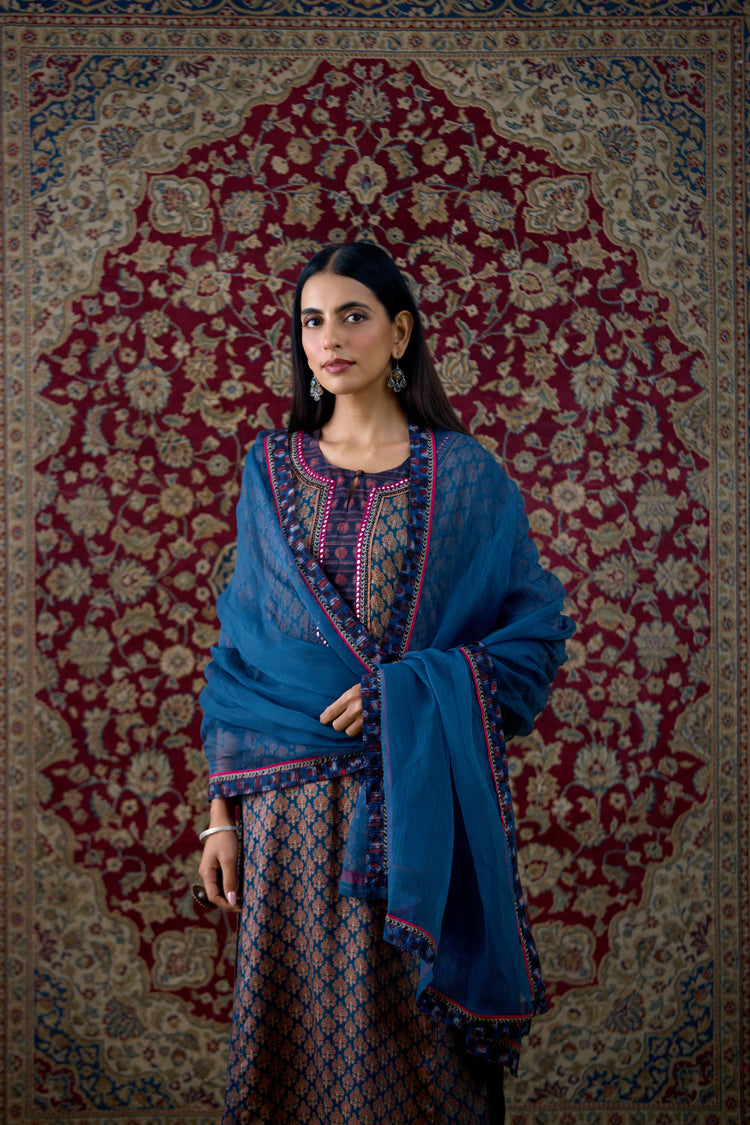 Anu Modal Silk Printed Kurta Blue Maroon