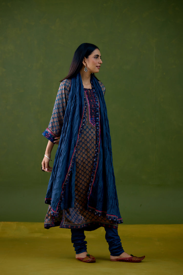 Anu Modal Silk Printed Kurta Blue Maroon