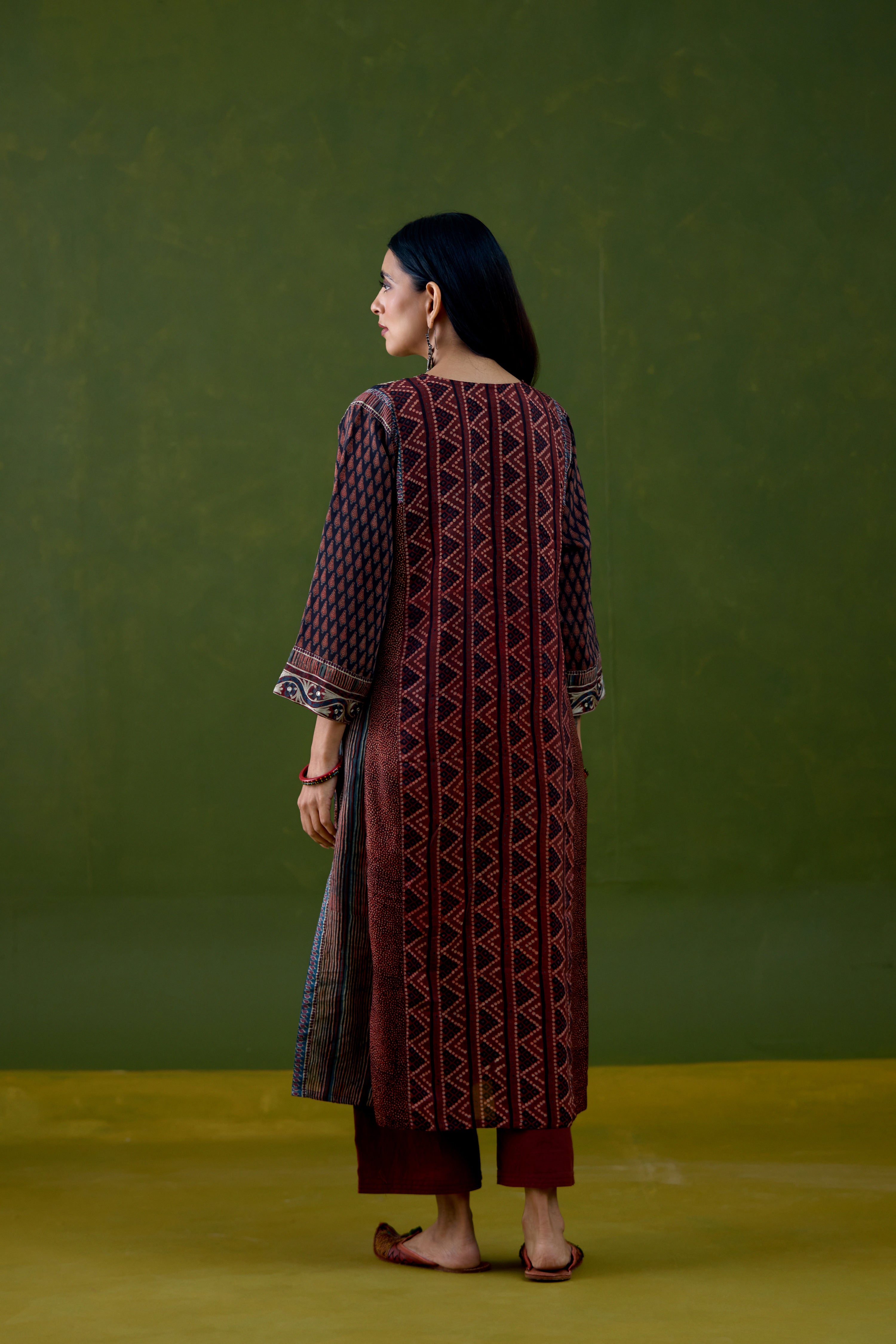 Adya Assam Silk Printed Kurta Black Rust