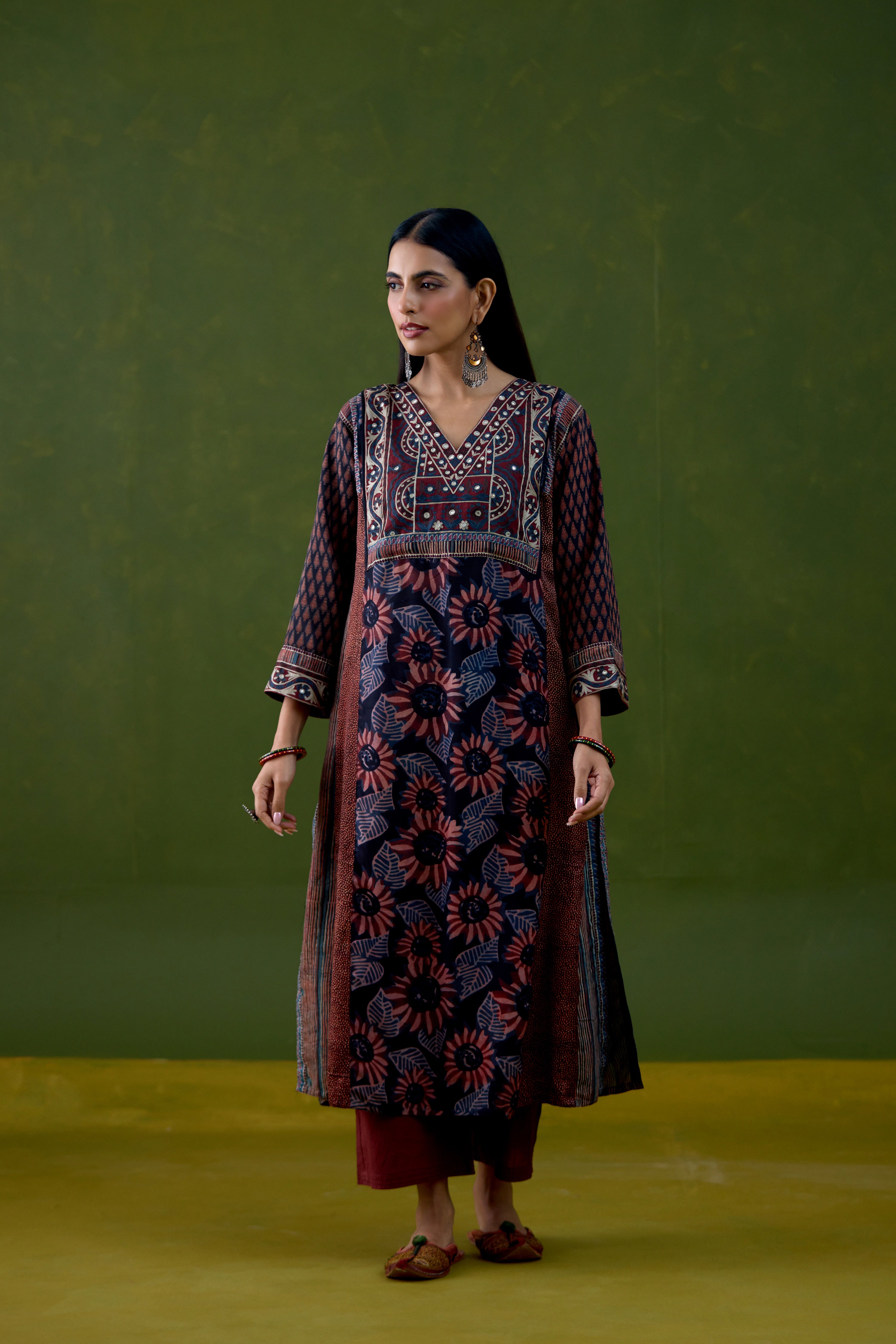 Adya Assam Silk Printed Kurta Black Rust