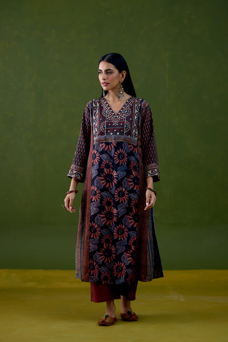 Adya Assam Silk Printed Kurta Black Rust
