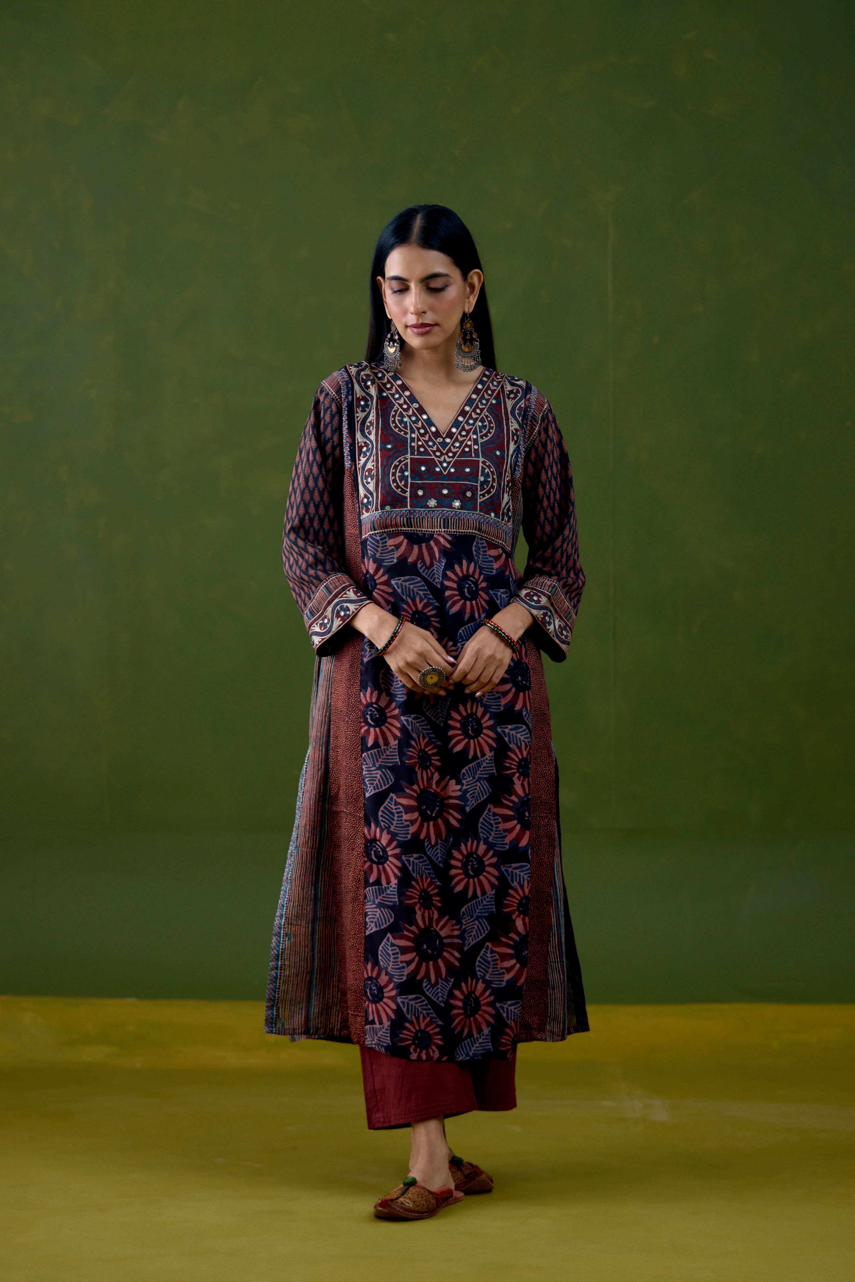 Adya Assam Silk Printed Kurta Black Rust