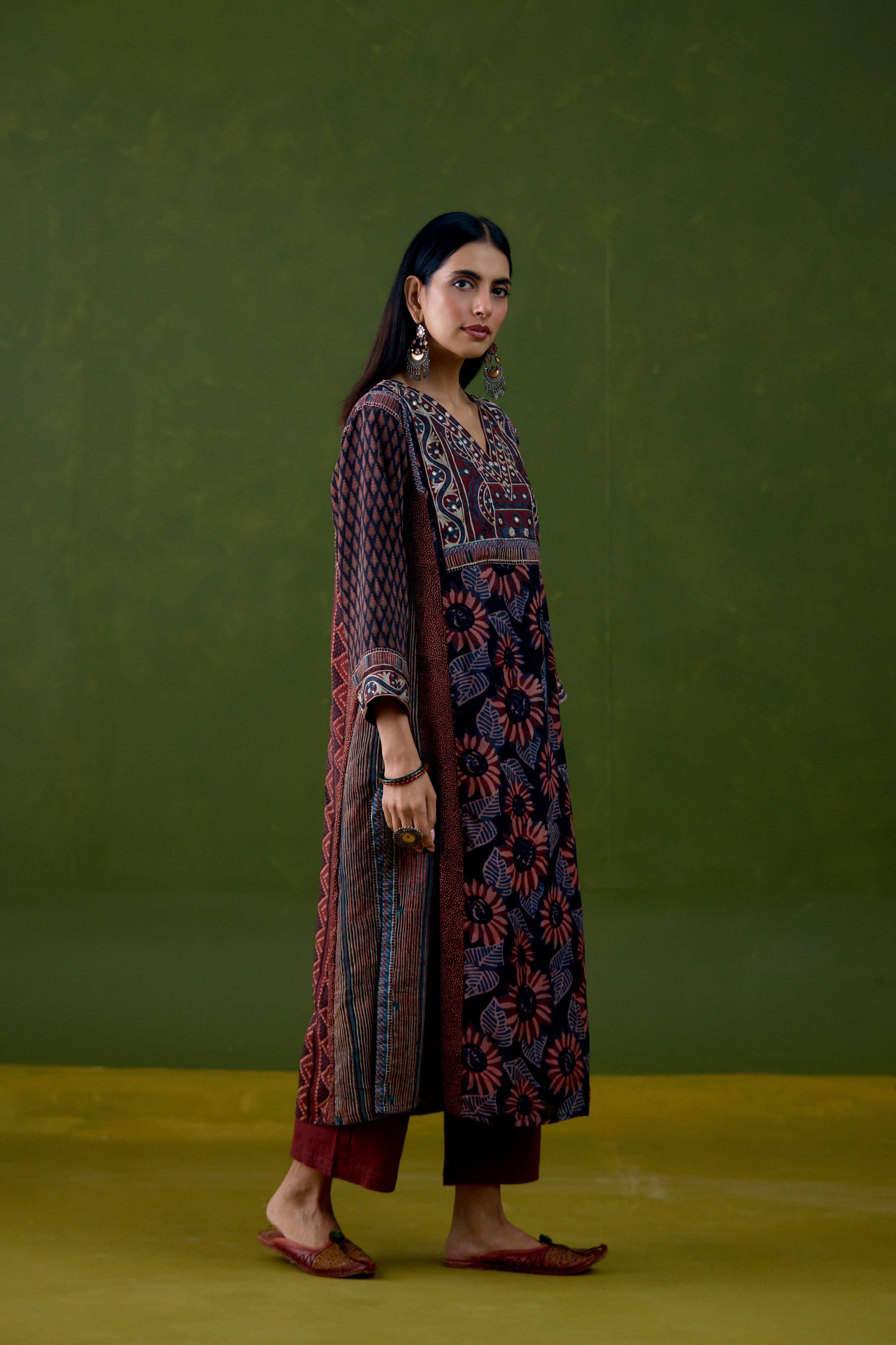 Adya Assam Silk Printed Kurta Black Rust