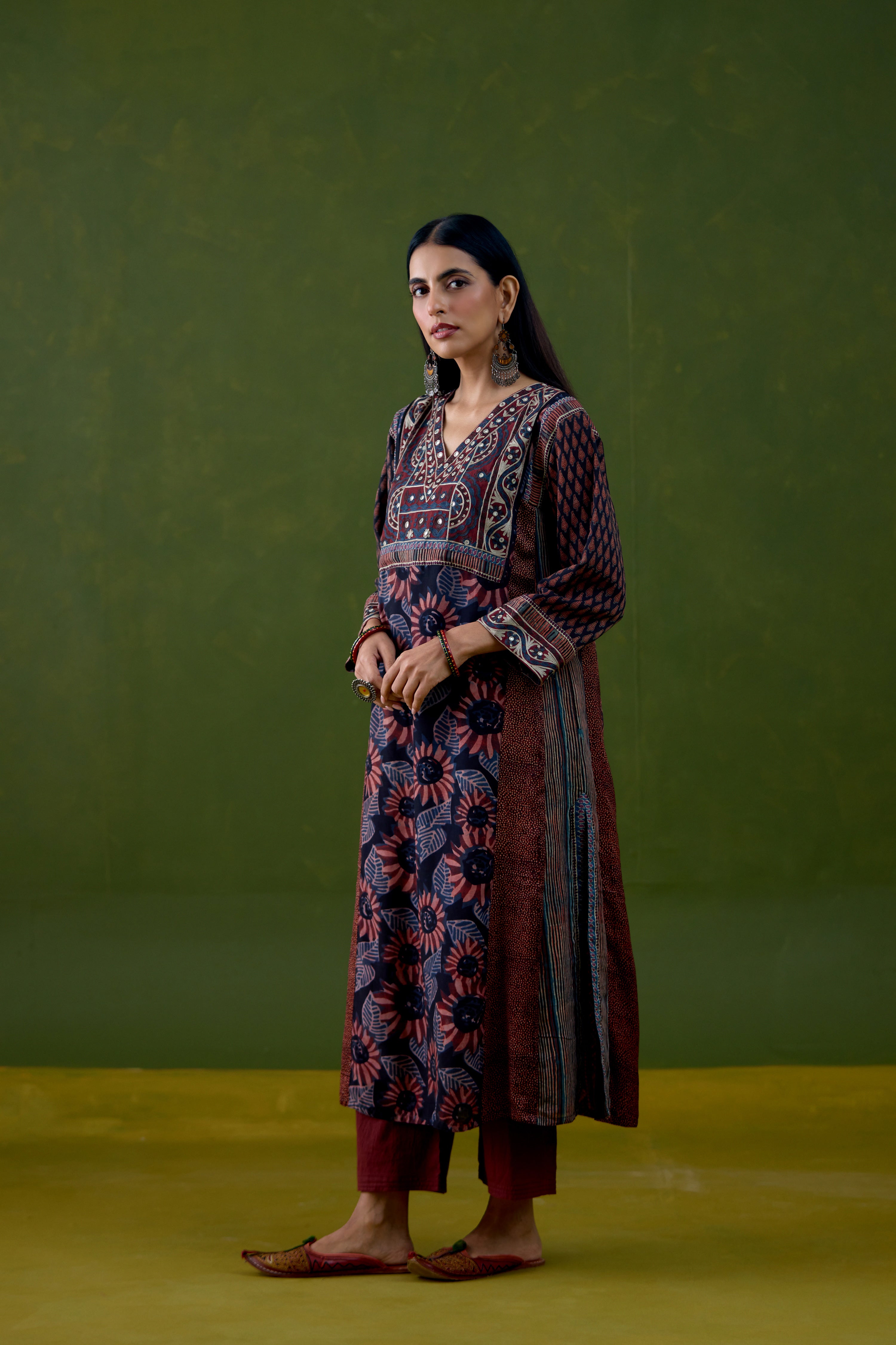 Adya Assam Silk Printed Kurta Black Rust