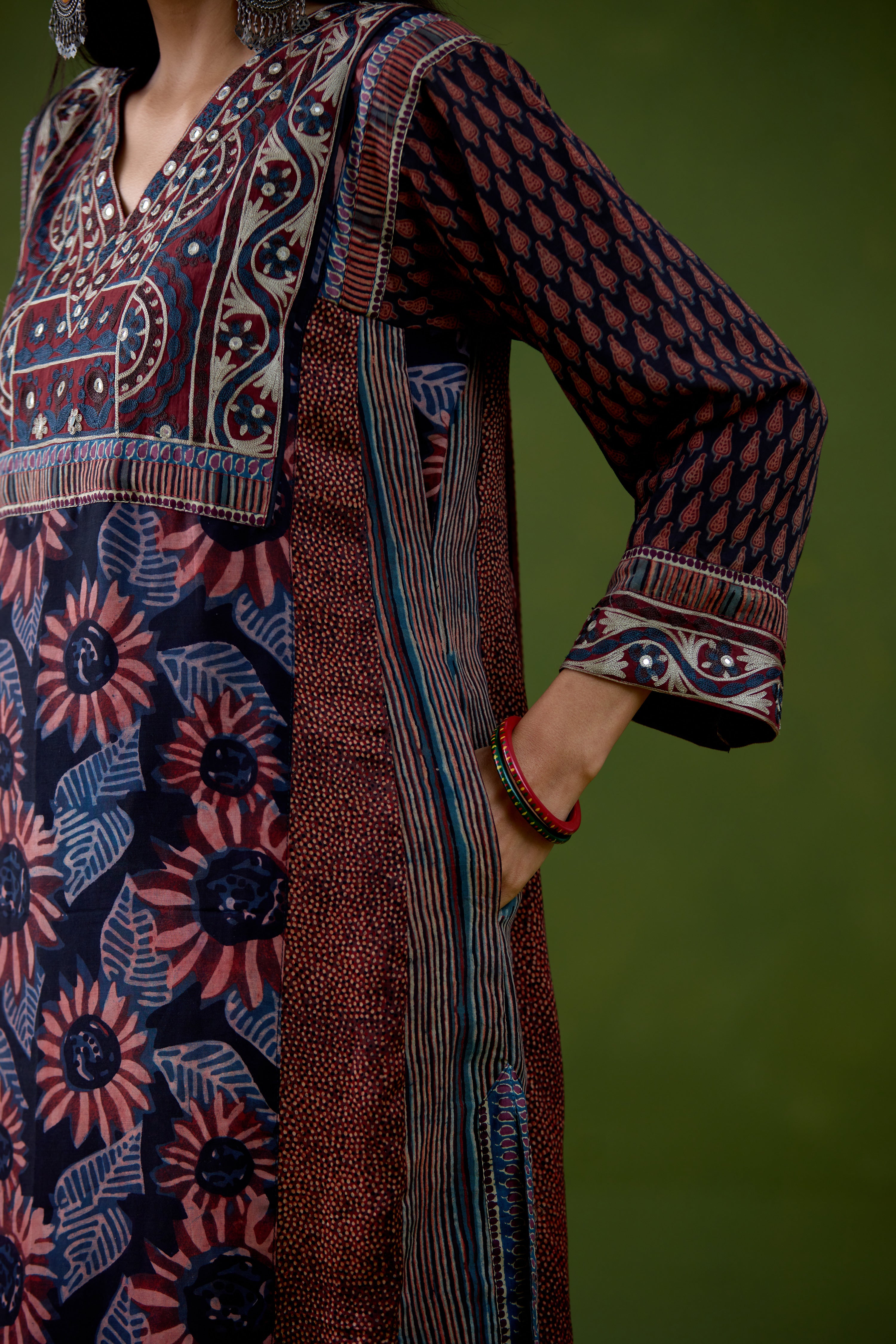 Adya Assam Silk Printed Kurta Black Rust