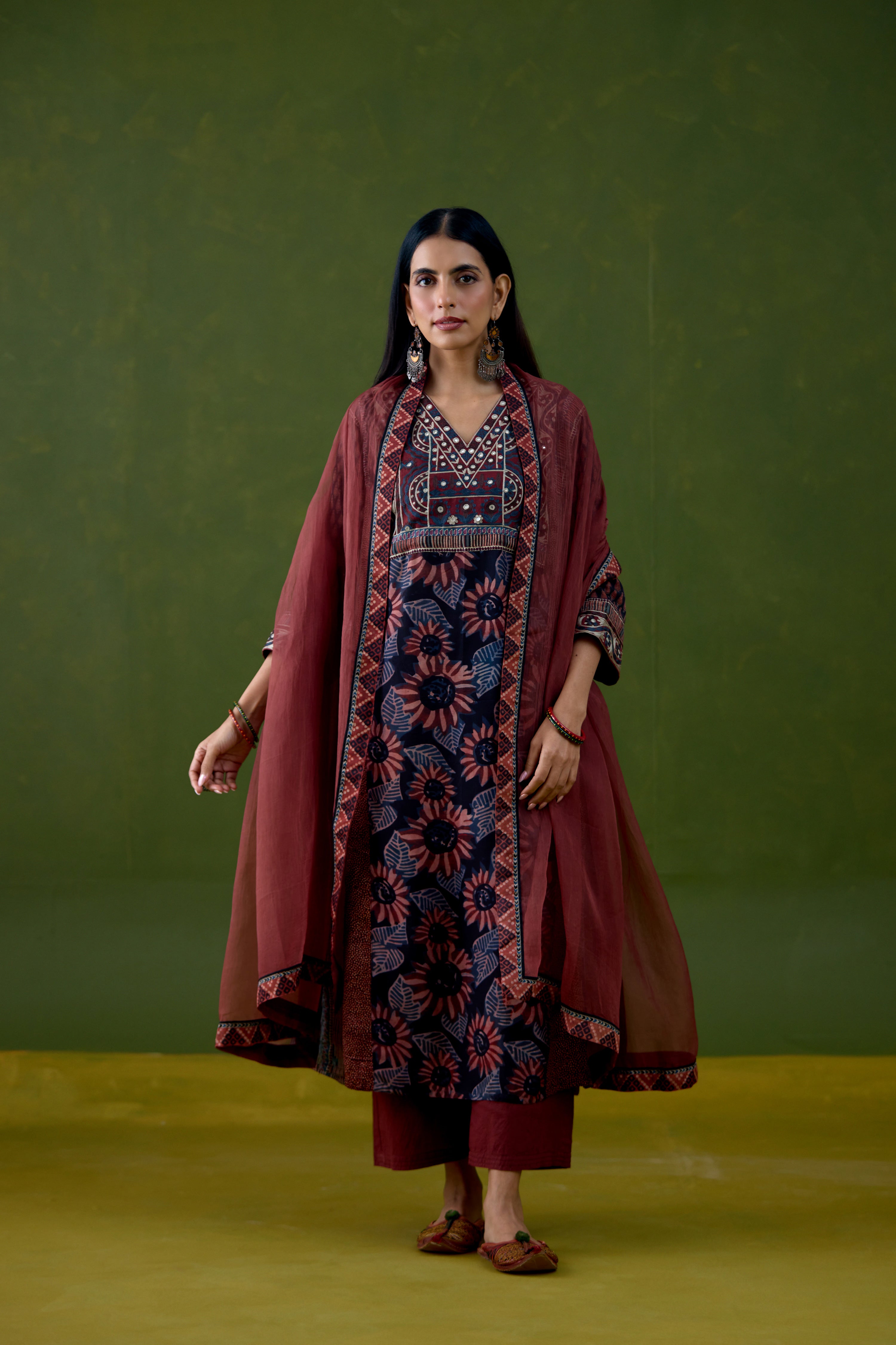 Adya Assam Silk Printed Kurta Black Rust