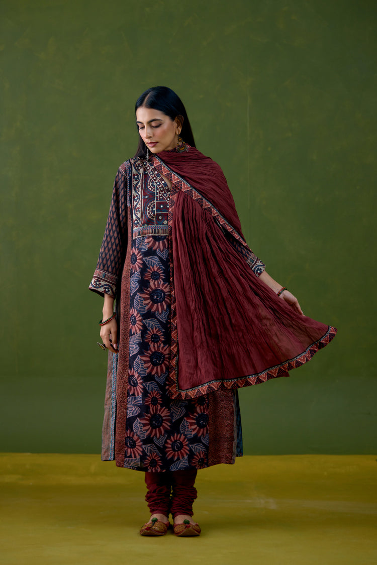 Adya Assam Silk Printed Kurta Black Rust