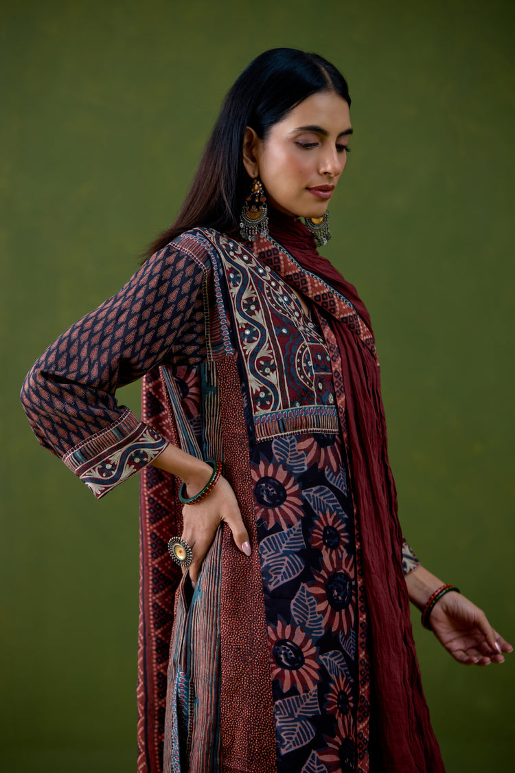Adya Assam Silk Printed Kurta Black Rust