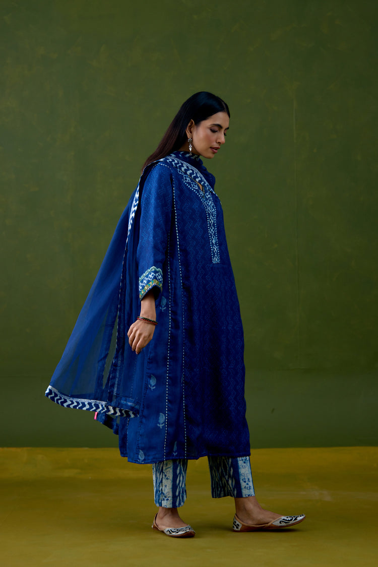 Tulsi Kota Silk Printed Kurta Dark Blue