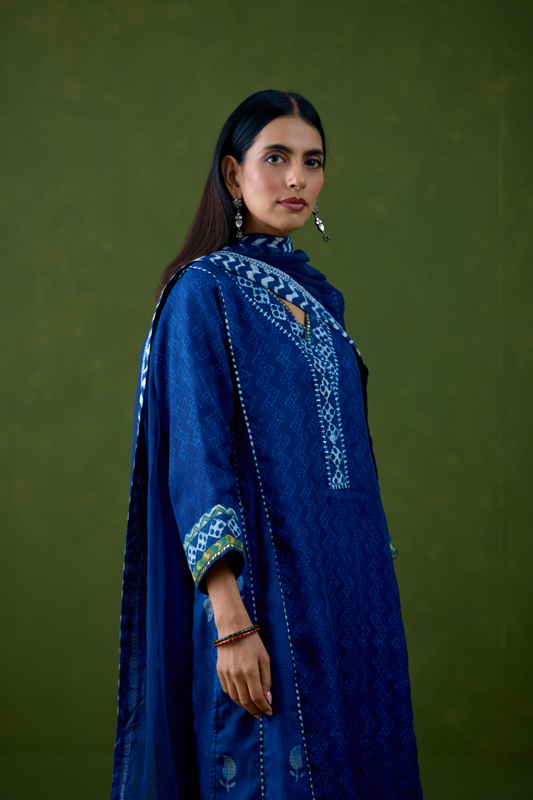 Tulsi Kota Silk Printed Kurta Dark Blue