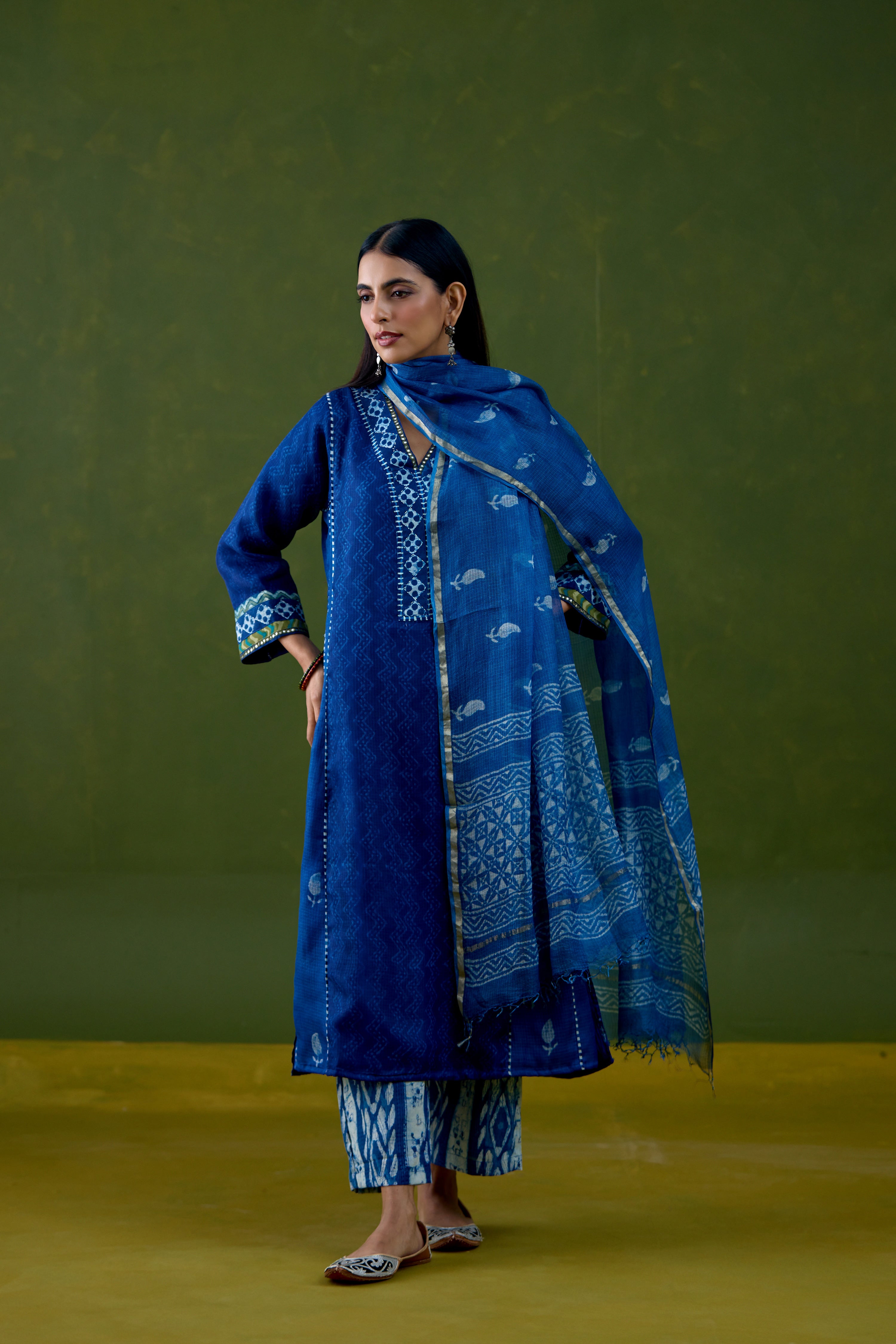 Tulsi Kota Silk Printed Kurta Dark Blue