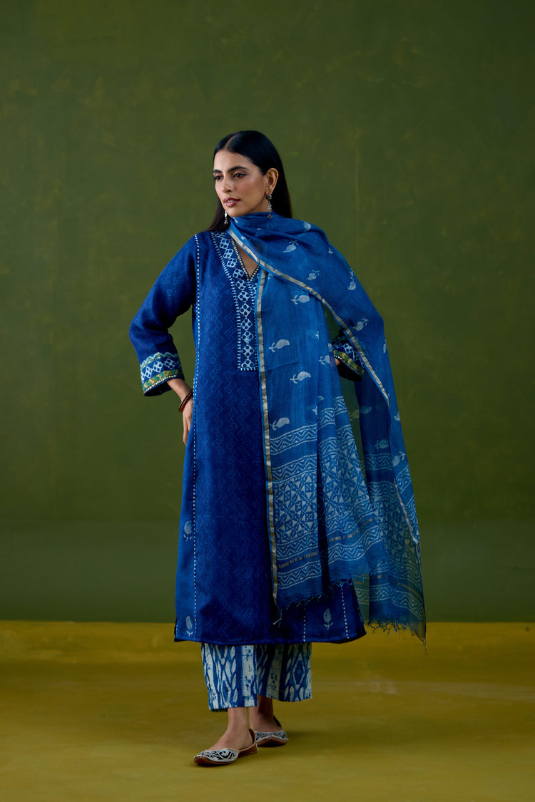 Tulsi Kota Silk Printed Kurta Dark Blue