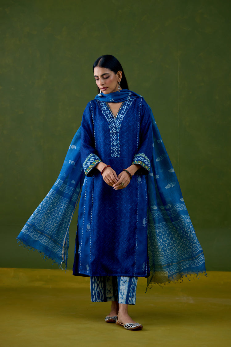 Tulsi Kota Silk Printed Kurta Dark Blue