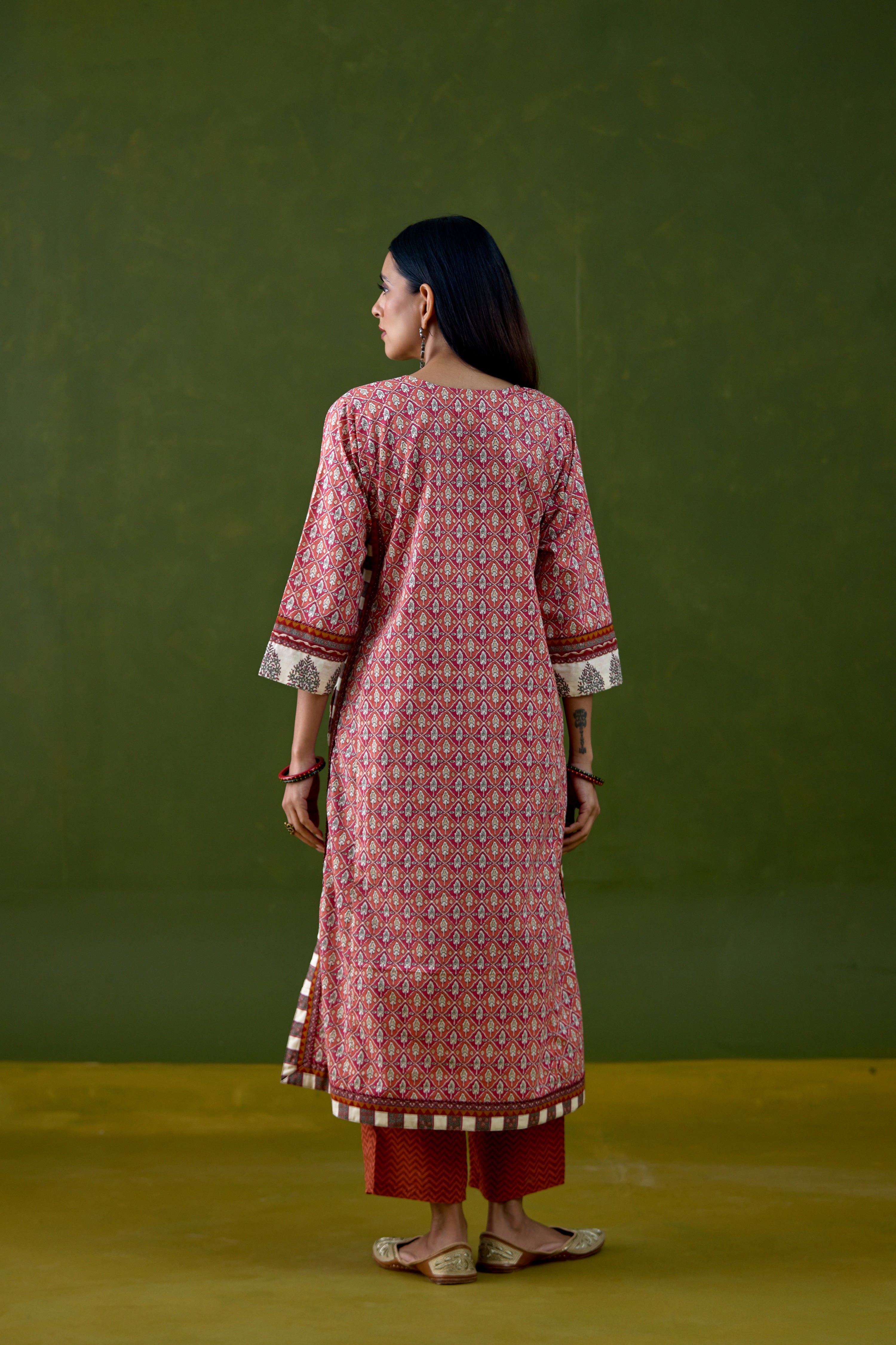 Anu Cotton Printed Kurta Orange Pink