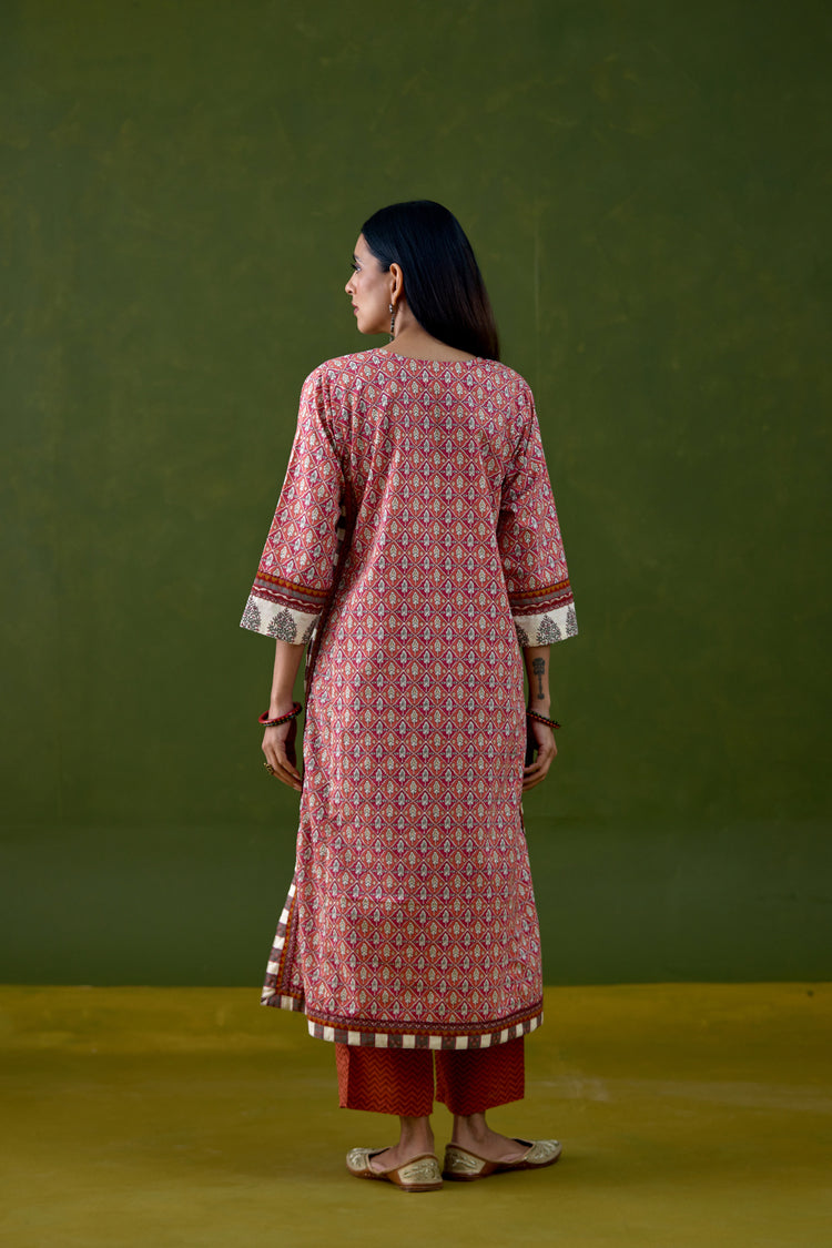 Anu Cotton Printed Kurta Orange Pink