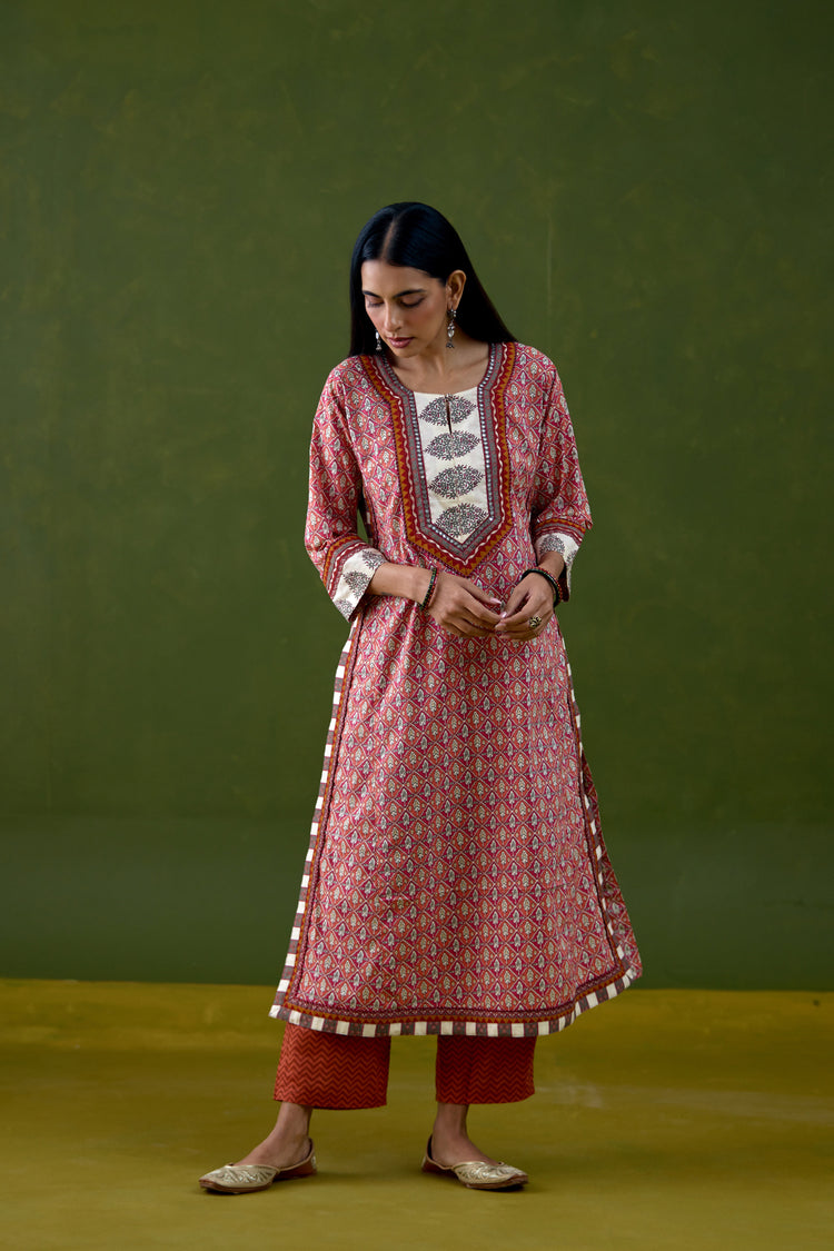Anu Cotton Printed Kurta Orange Pink