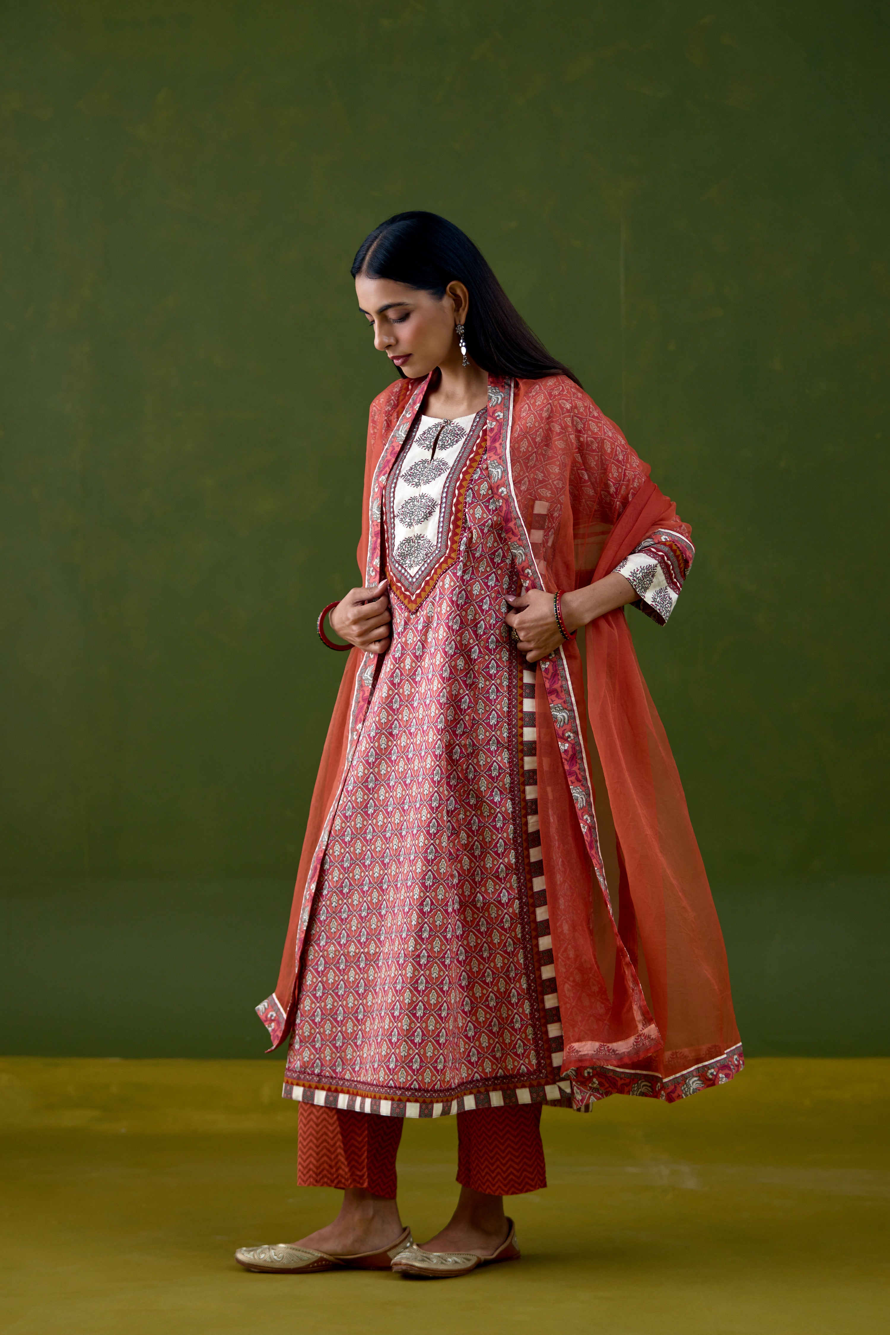 Anu Cotton Printed Kurta Orange Pink