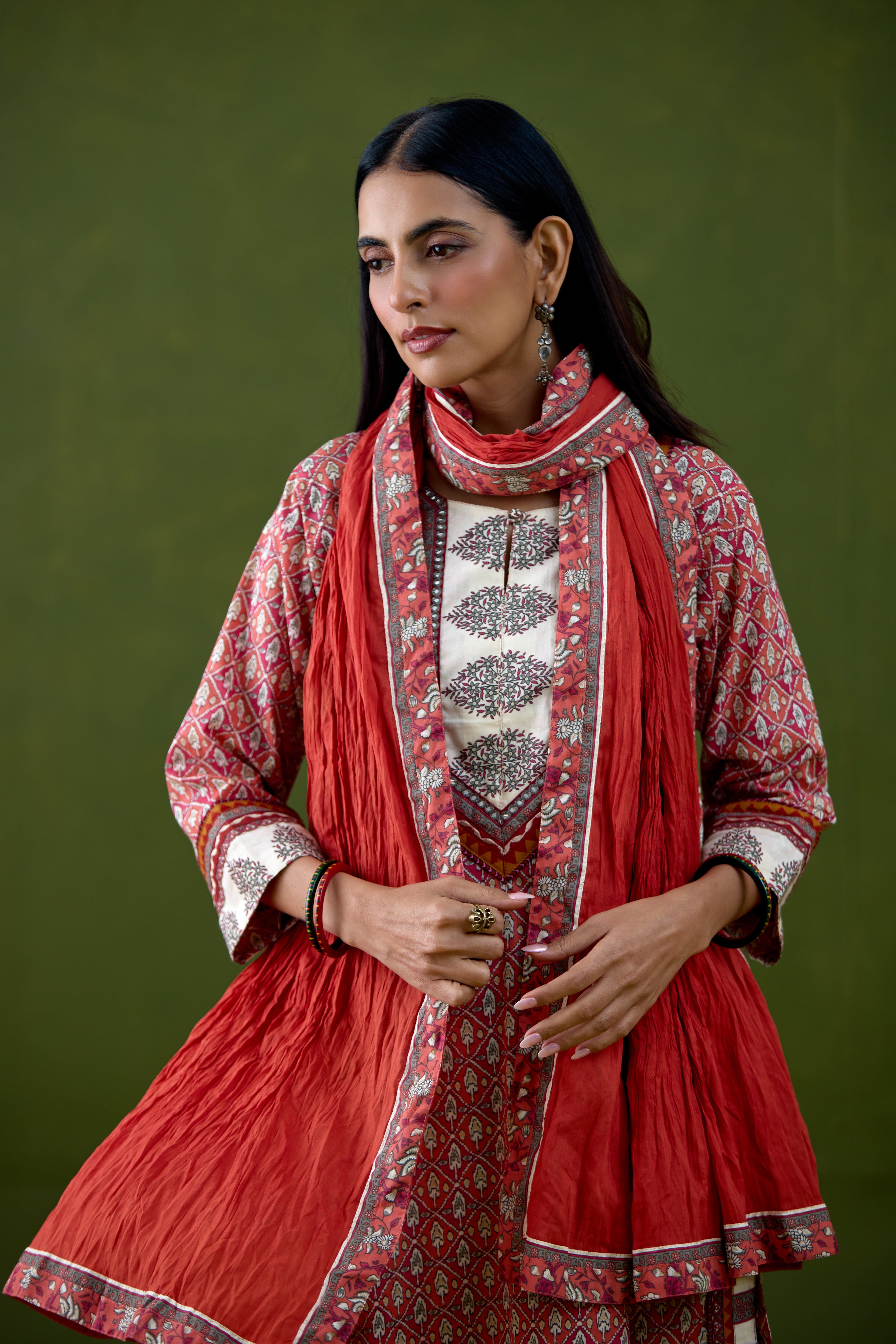 Anu Cotton Printed Kurta Orange Pink