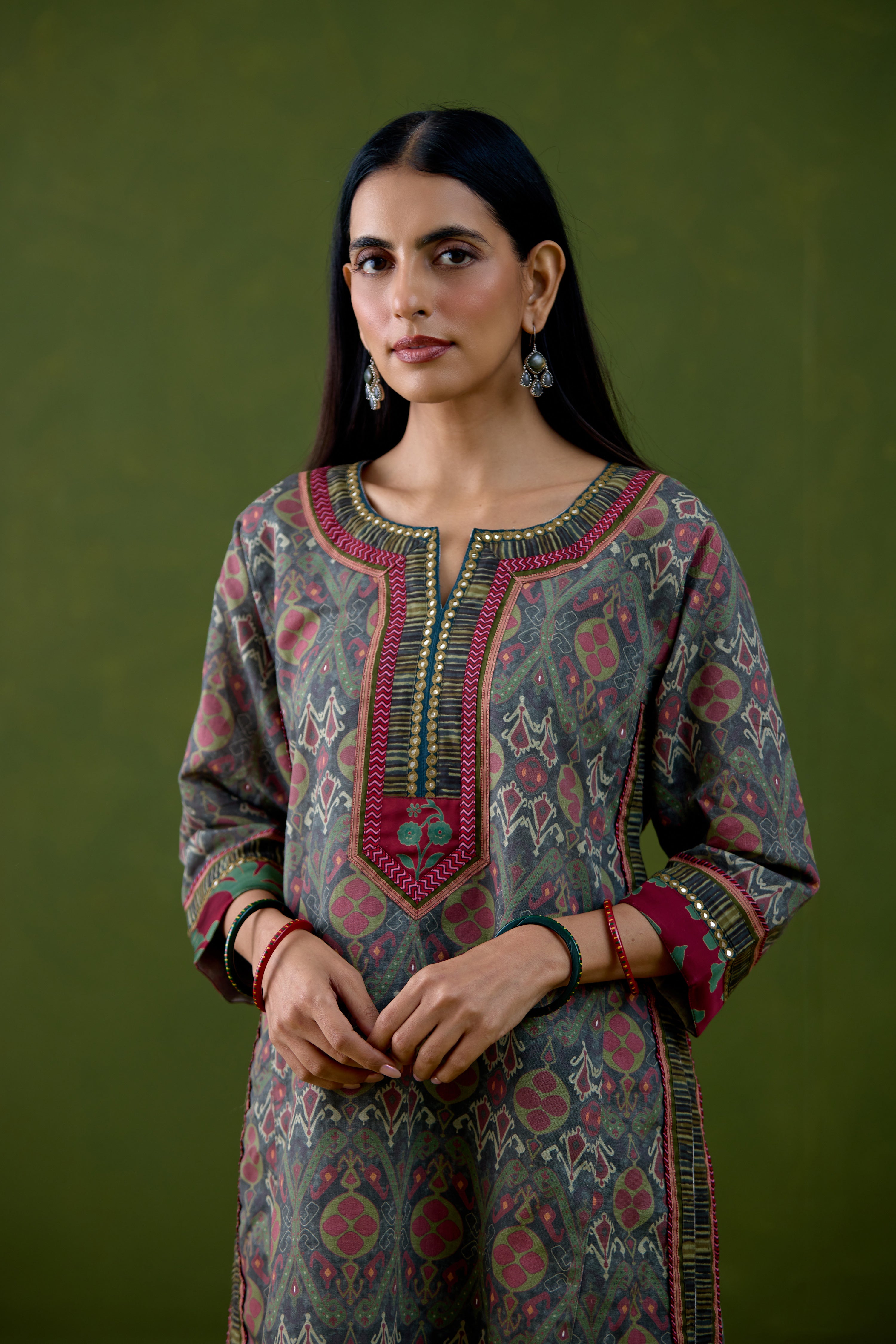 Anu Linen Printed Kurta Grey Pink