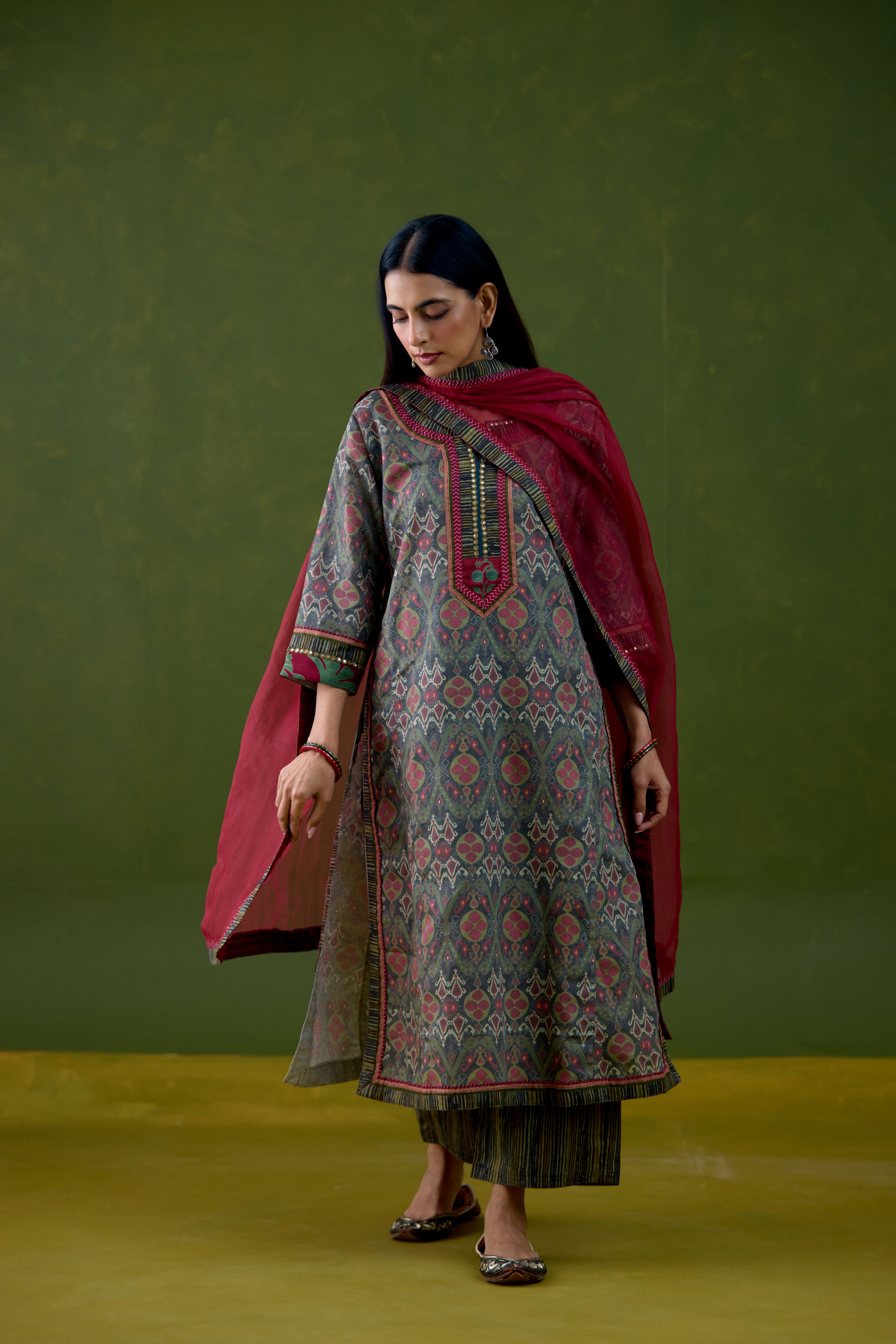 Anu Linen Printed Kurta Grey Pink