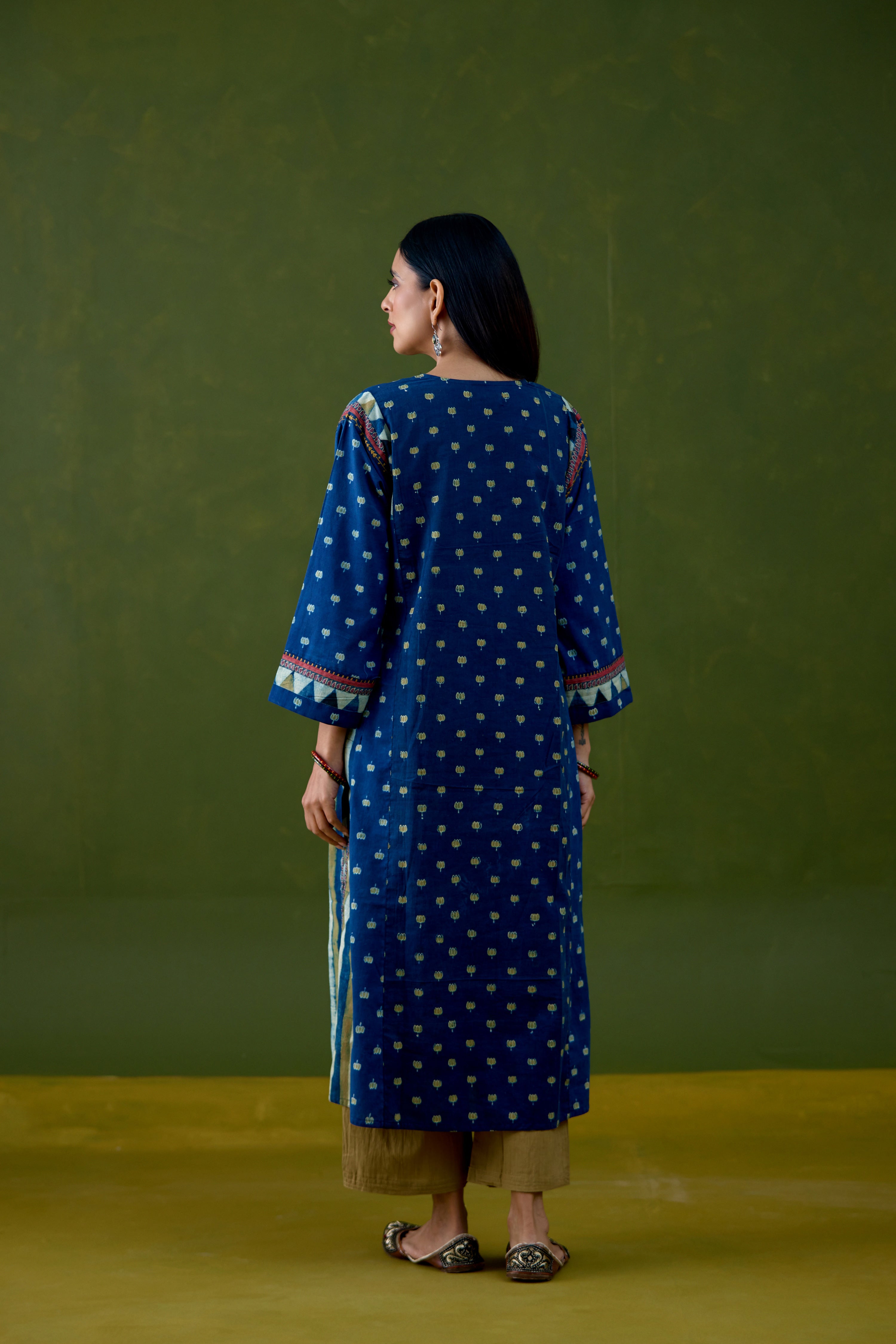 Adya Cotton Ajrakh Printed Kurta Blue Mustard