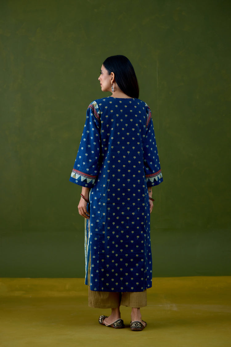 Adya Cotton Ajrakh Printed Kurta Blue Mustard