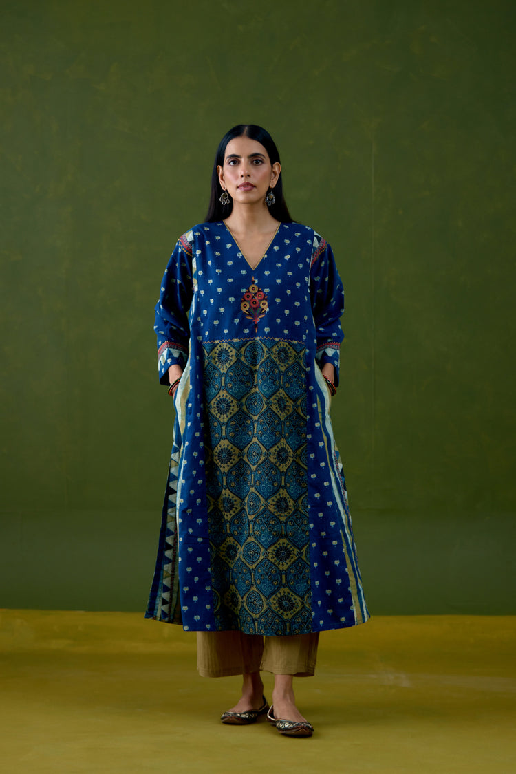 Adya Cotton Ajrakh Printed Kurta Blue Mustard