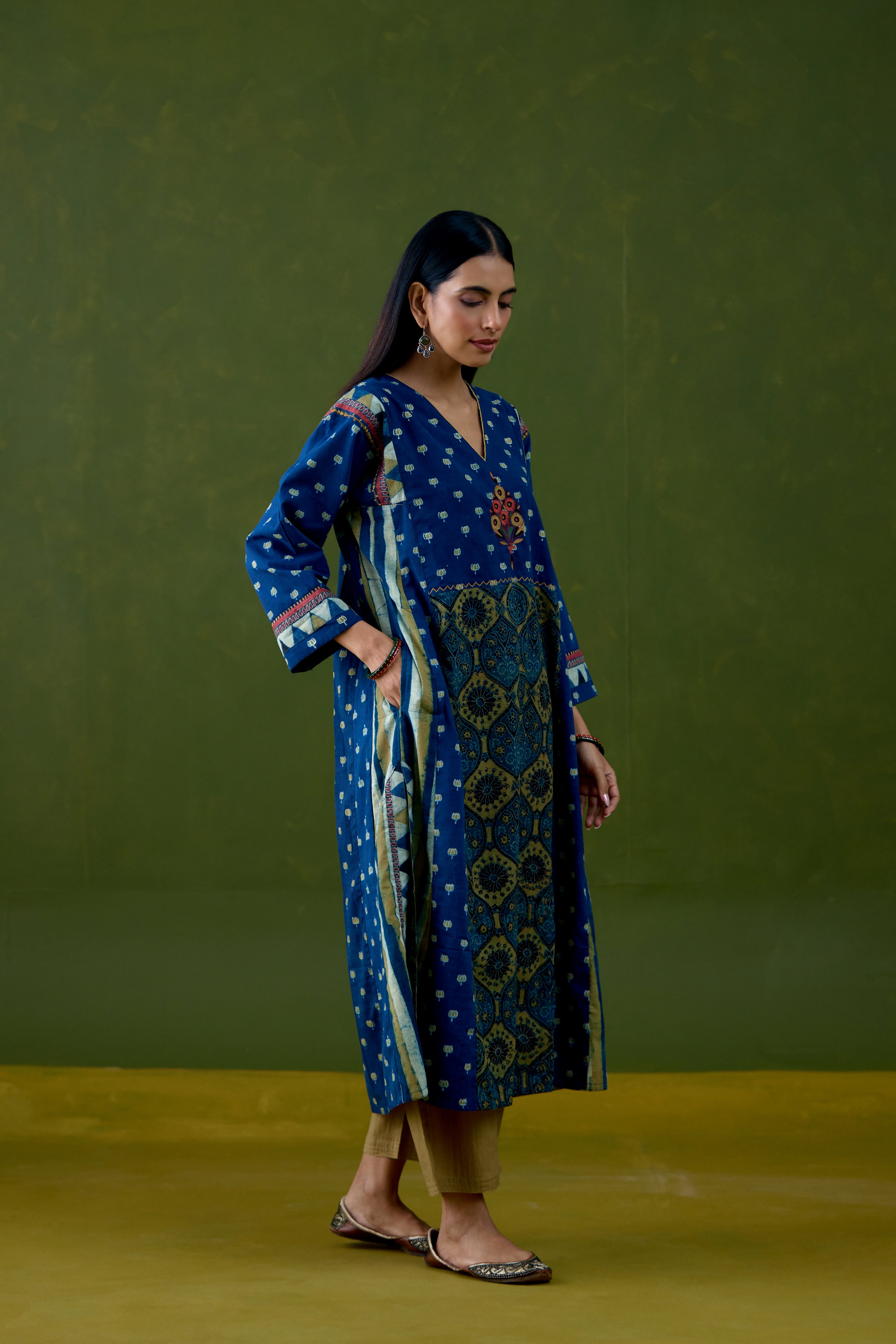 Adya Cotton Ajrakh Printed Kurta Blue Mustard