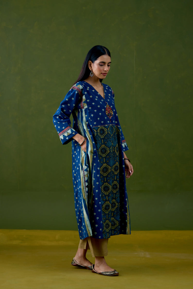 Adya Cotton Ajrakh Printed Kurta Blue Mustard