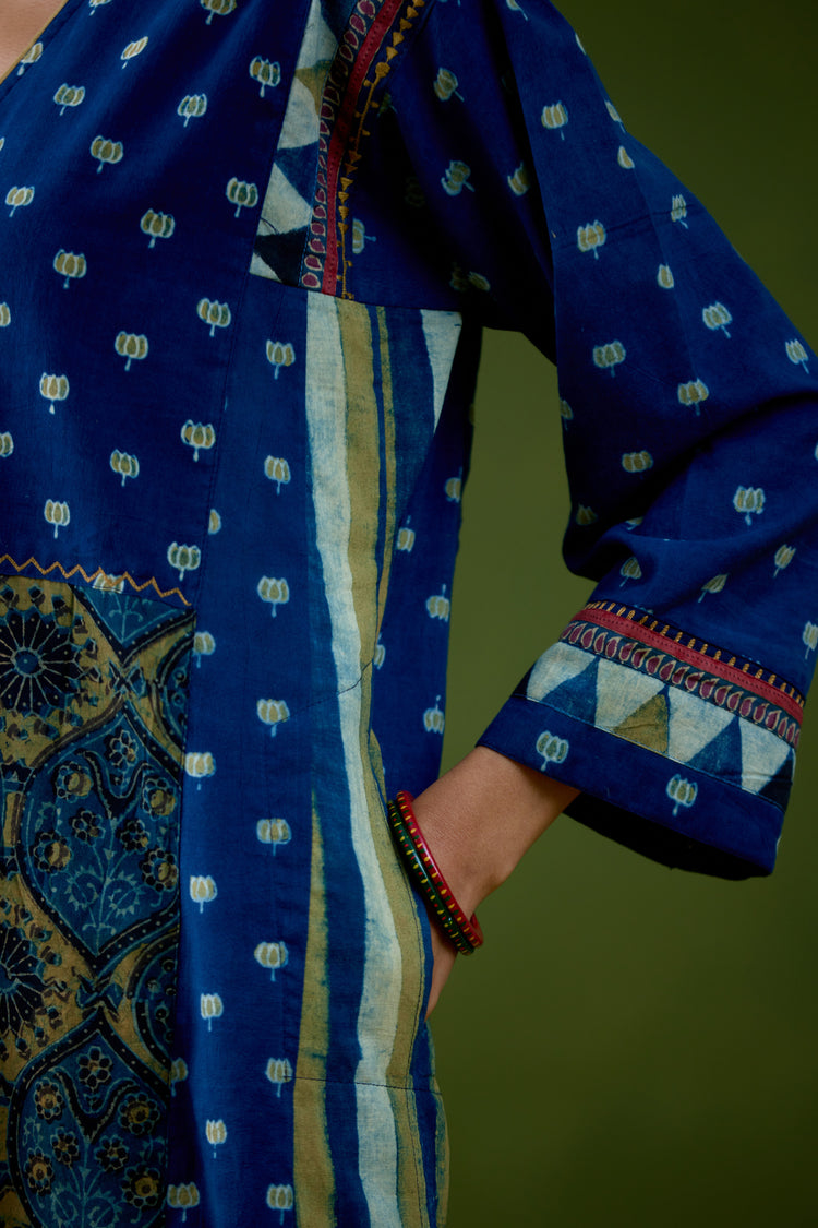 Adya Cotton Ajrakh Printed Kurta Blue Mustard