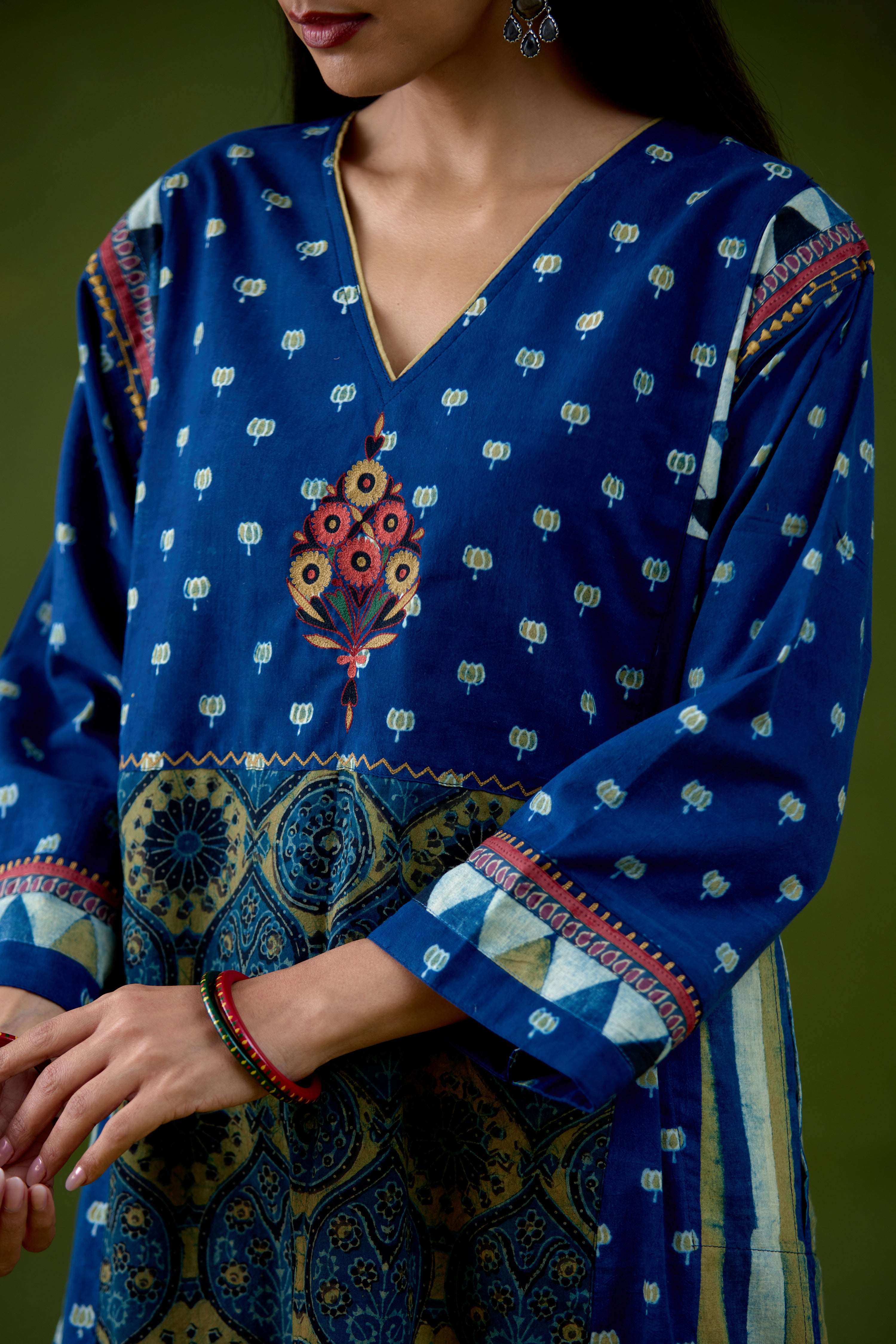Adya Cotton Ajrakh Printed Kurta Blue Mustard