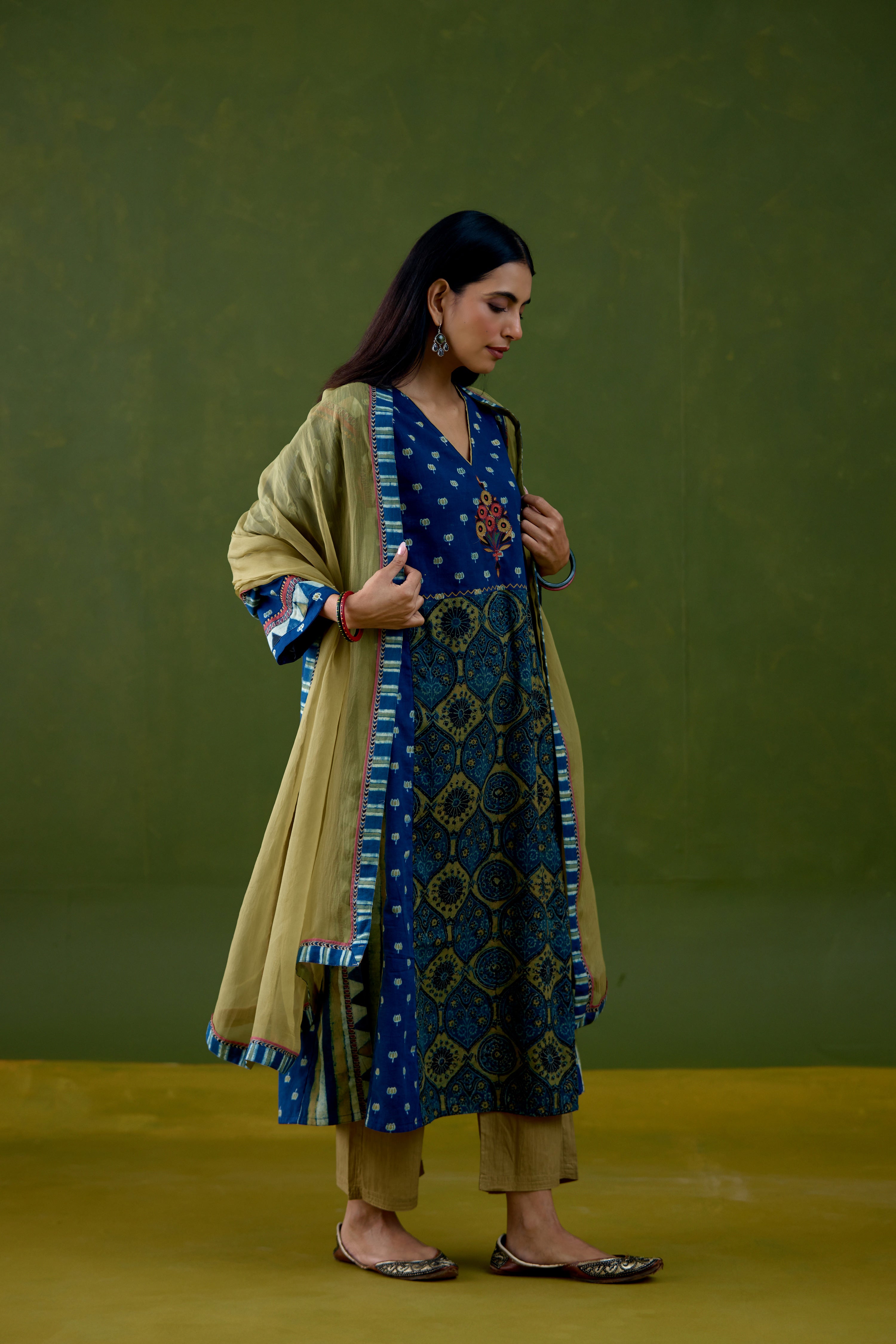 Adya Cotton Ajrakh Printed Kurta Blue Mustard