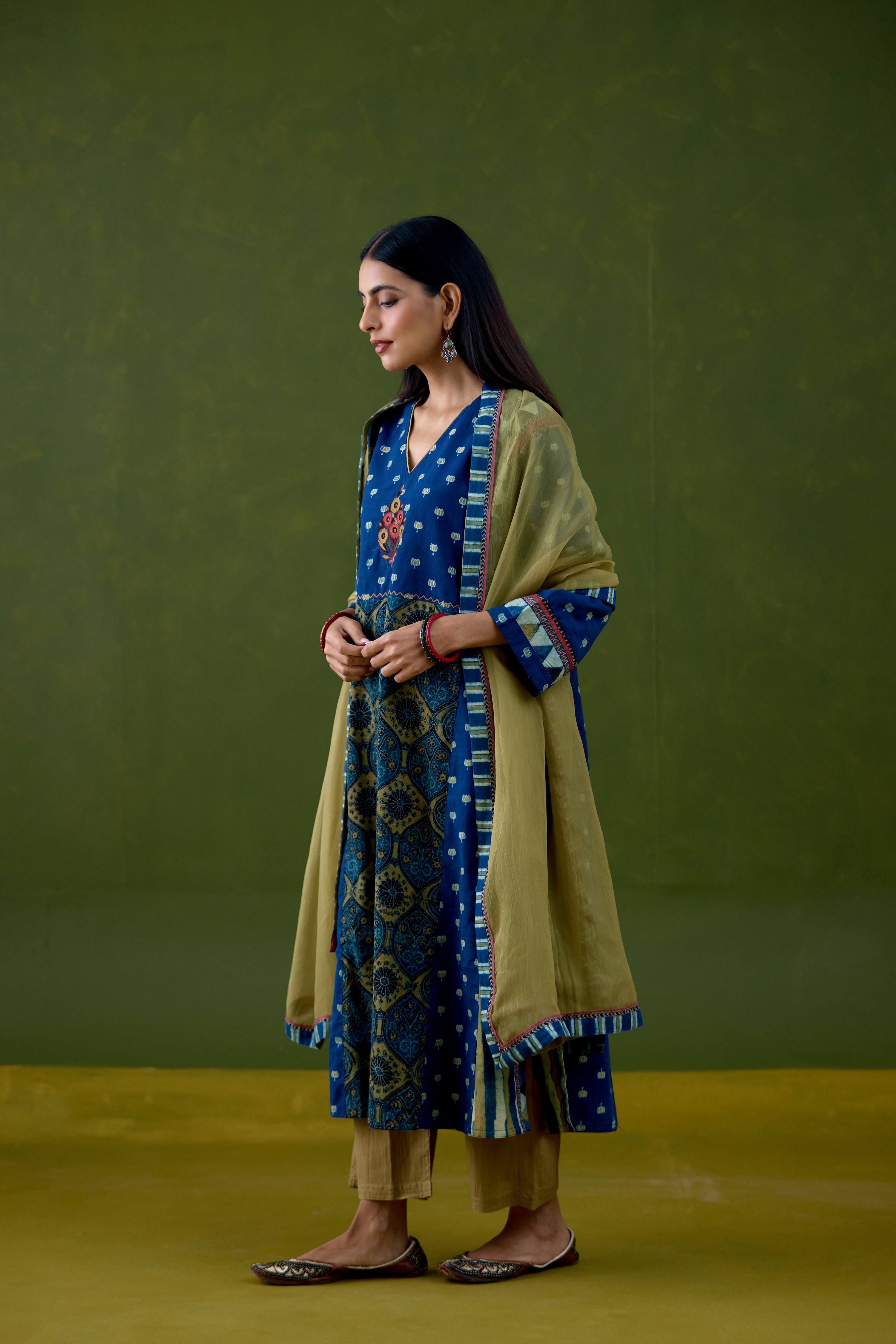 Adya Cotton Ajrakh Printed Kurta Blue Mustard