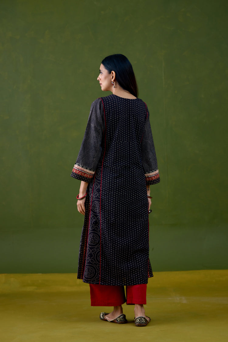 Adya Cotton Ajrakh Printed Embroidered Kurta Black