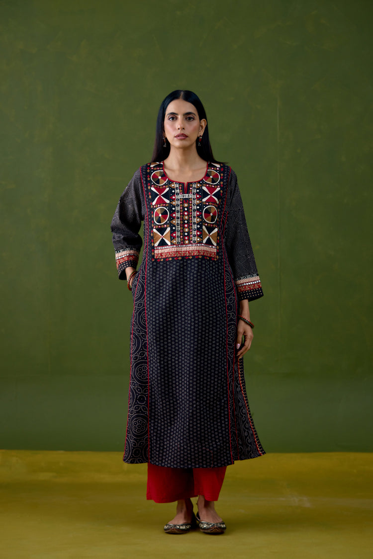 Adya Cotton Ajrakh Printed Embroidered Kurta Black