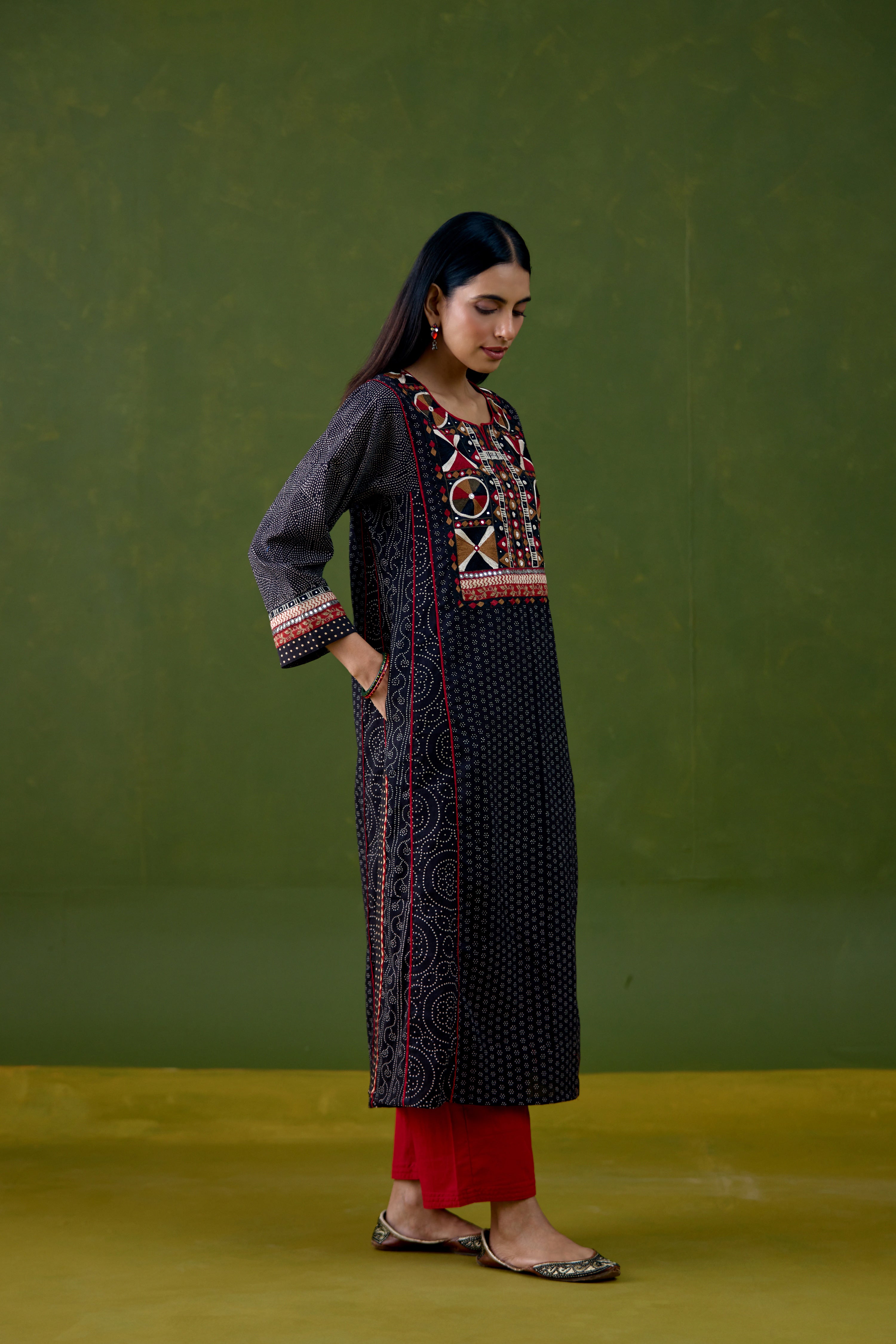Adya Cotton Ajrakh Printed Embroidered Kurta Black