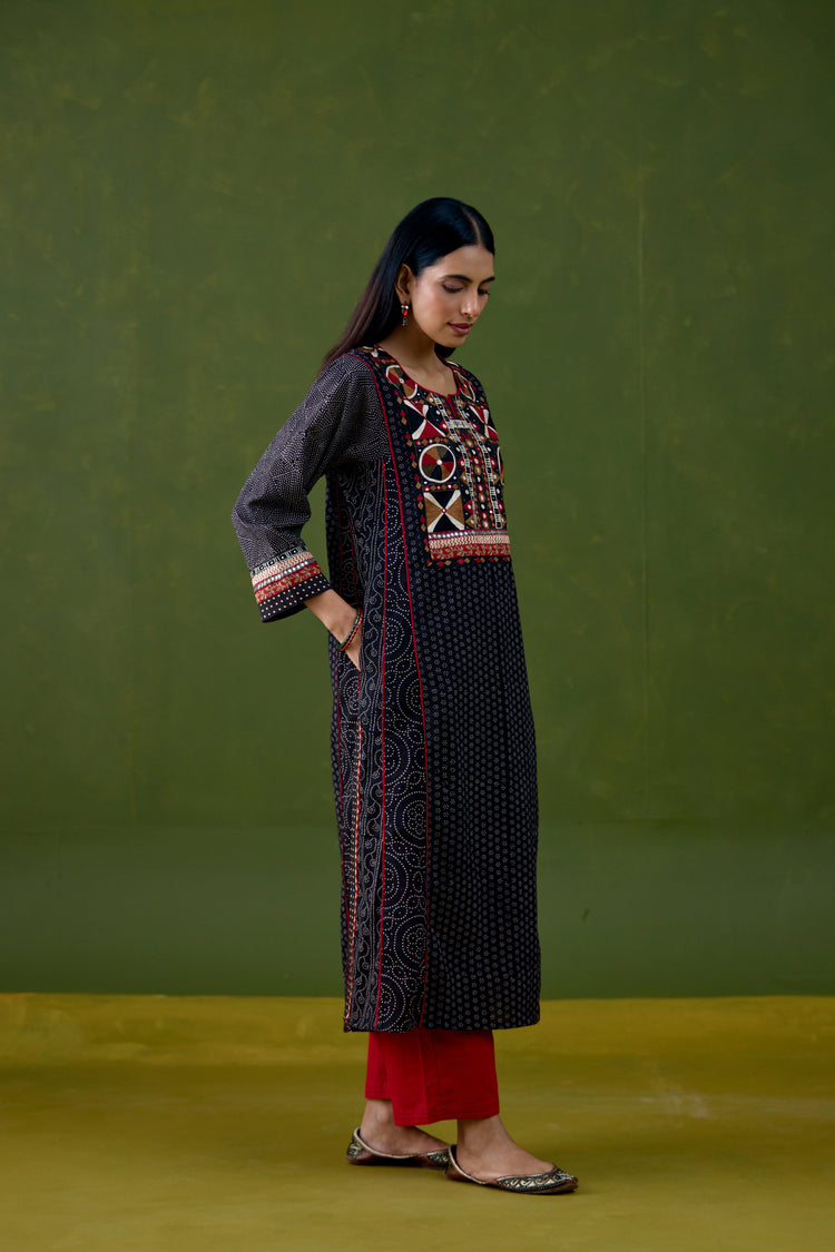 Adya Cotton Ajrakh Printed Embroidered Kurta Black