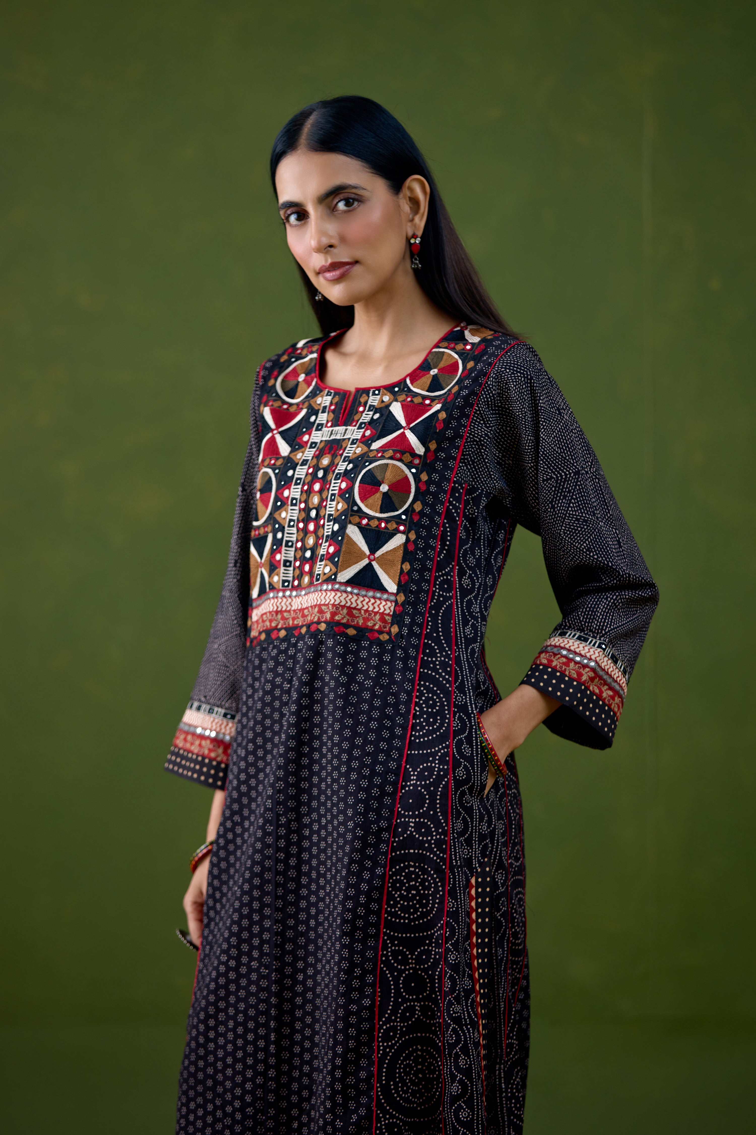 Adya Cotton Ajrakh Printed Embroidered Kurta Black