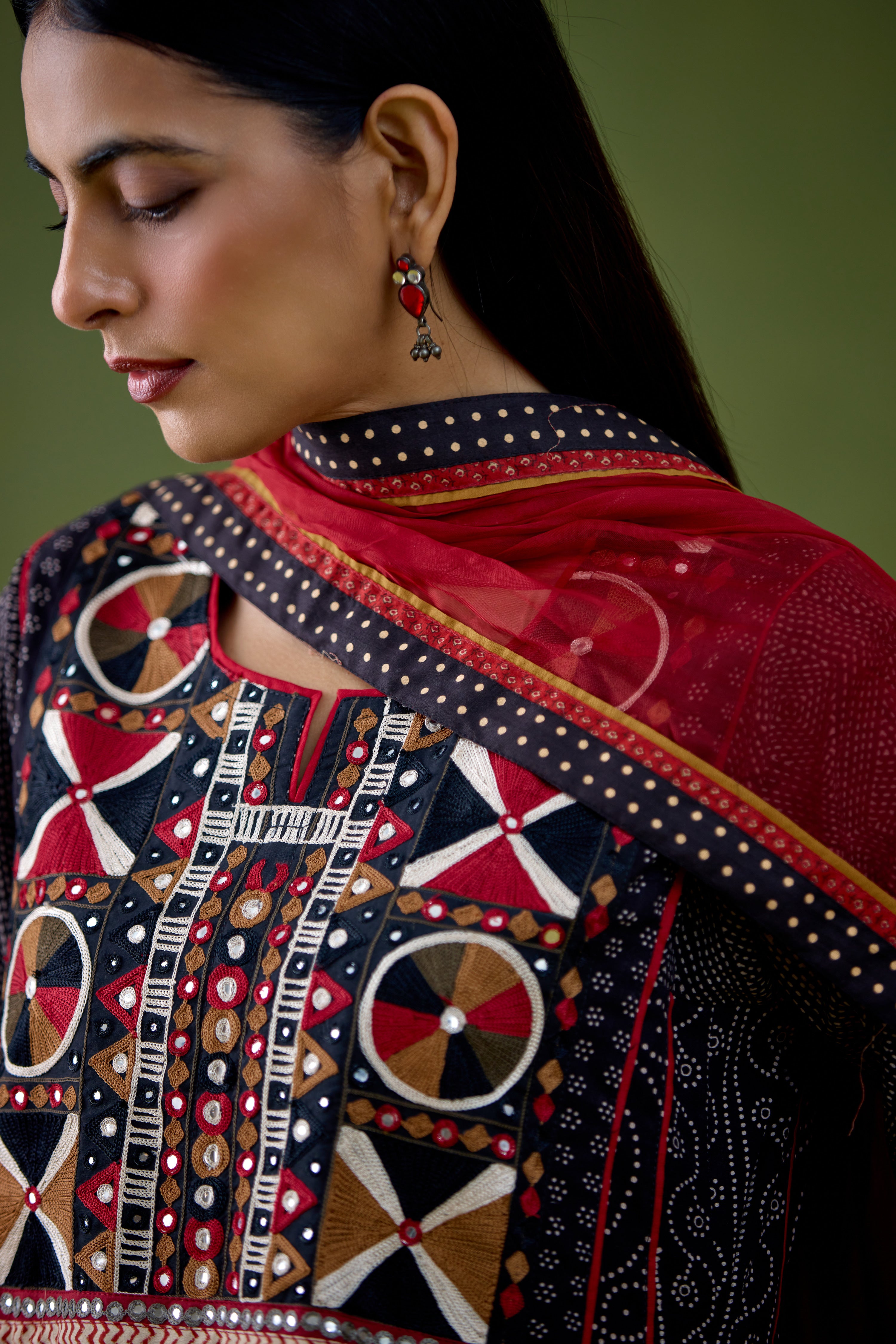 Adya Cotton Ajrakh Printed Embroidered Kurta Black