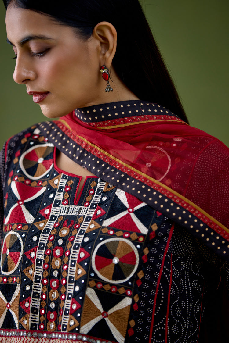 Adya Cotton Ajrakh Printed Embroidered Kurta Black