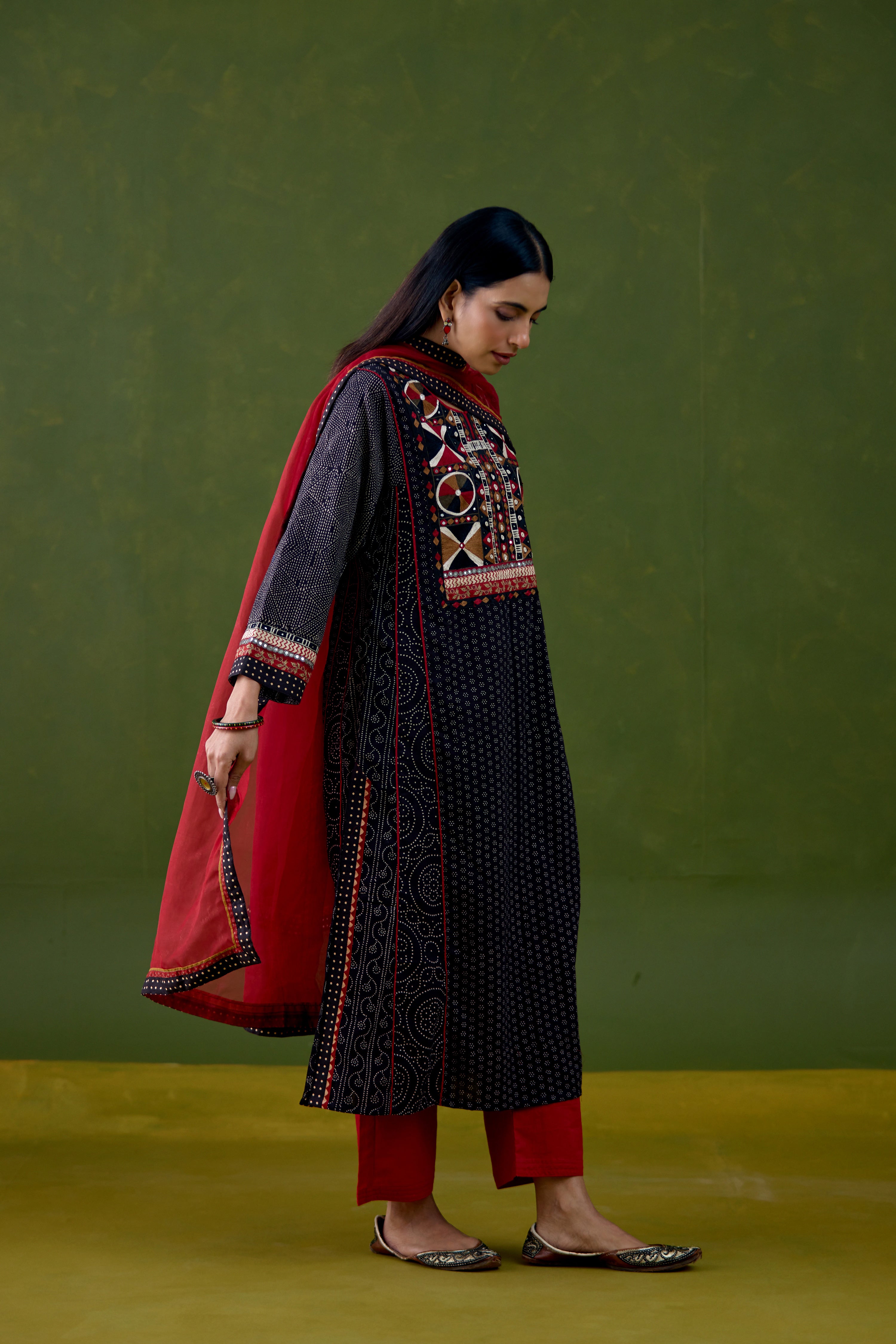Adya Cotton Ajrakh Printed Embroidered Kurta Black